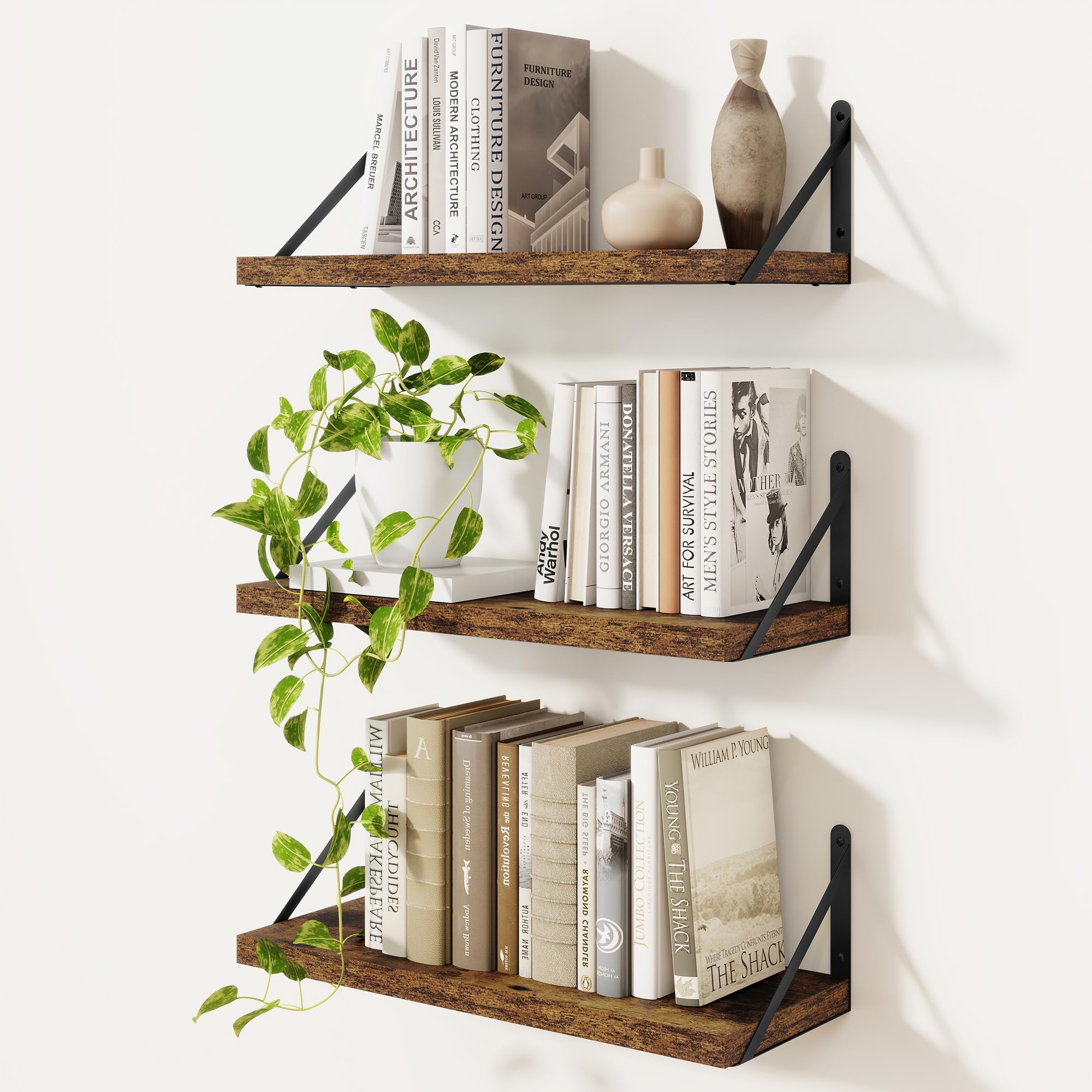Feihorrm Set of 3 Book Shelf, Vintage Brown Wall Shelves, 40cm Wall Shelf, Wooden Shelves, Shelves for Wall, Bookshelf for Bedroom, Living Room, Home Office & Book Storage