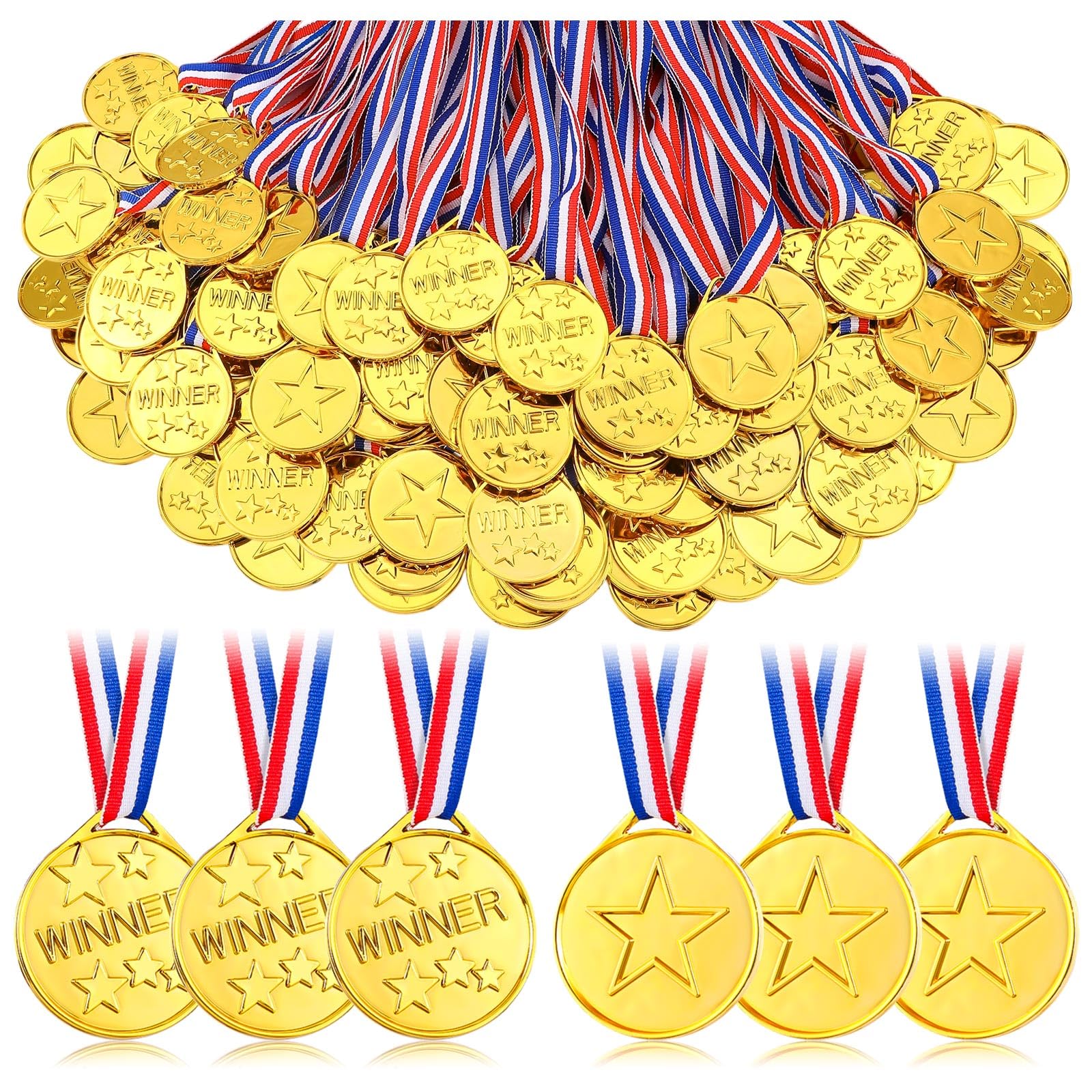 GCTWFYK 100 Pcs Plastic Gold Winner Medals for Kids, Award Medals Bulk with Ribbon for Sports Party Favors, Games Competition, Spelling Bee and Decorations