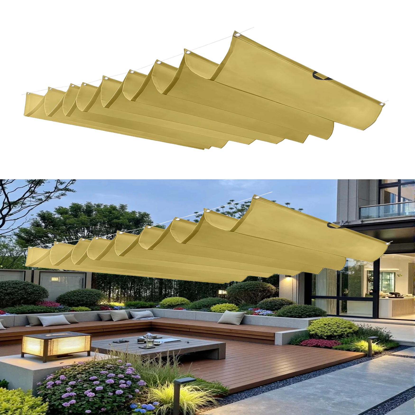 Einziehbar Welle Sonnensegel 120 x 400 cm Uv-Schutz Reißfest Sonnenschutz Wasserdicht Winterfest mit Ösen Verstellbar Welle Markisenstoff für Balkon, Terrasse, Pavillons, Hof, Creme Farben