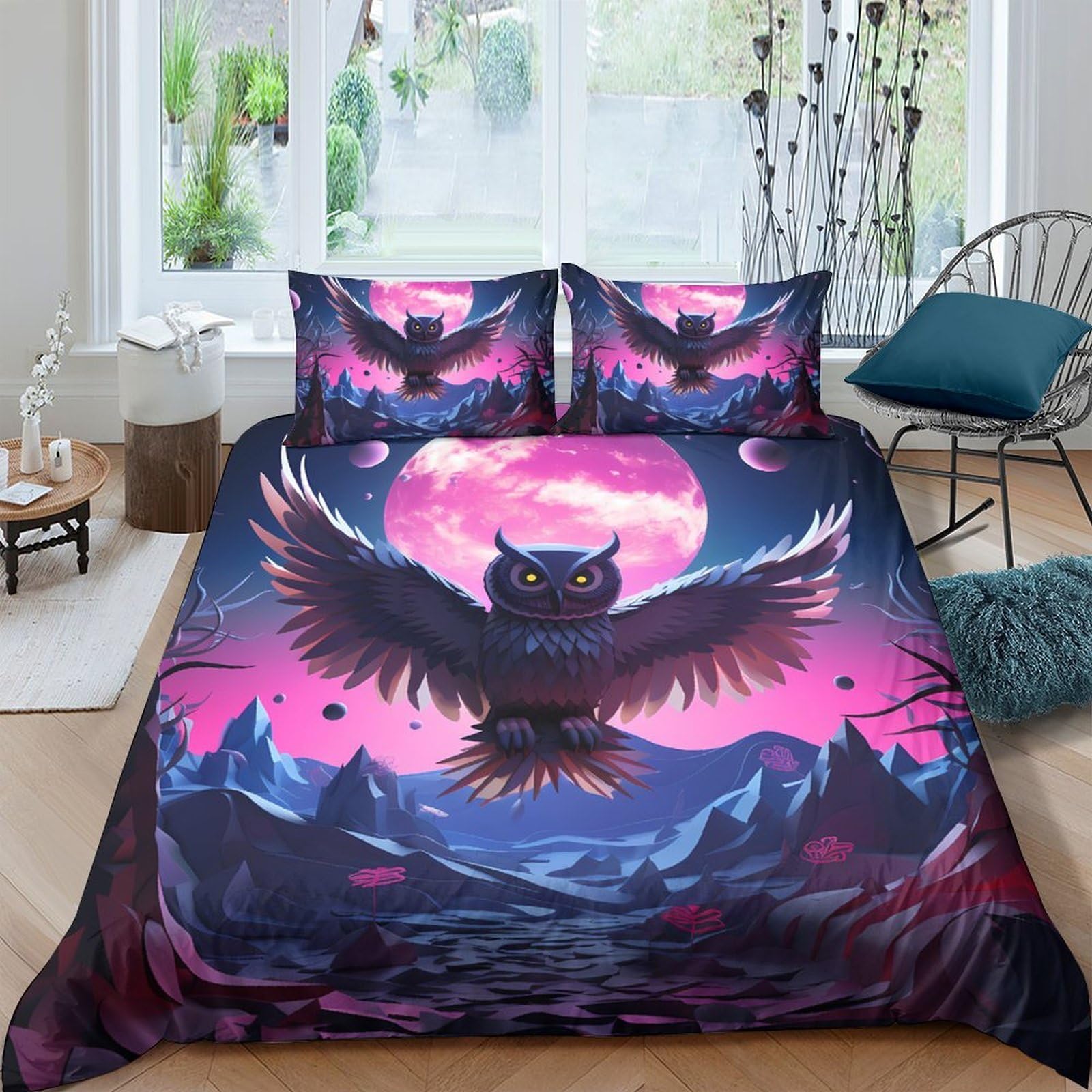 Ctjqhvkz Style-3 3D Printed Night Owl Fitted Sheet Microfiber Purple Moon Mountain Mattress Cover For Bedroom Dorm Decor Single（135X200cm）