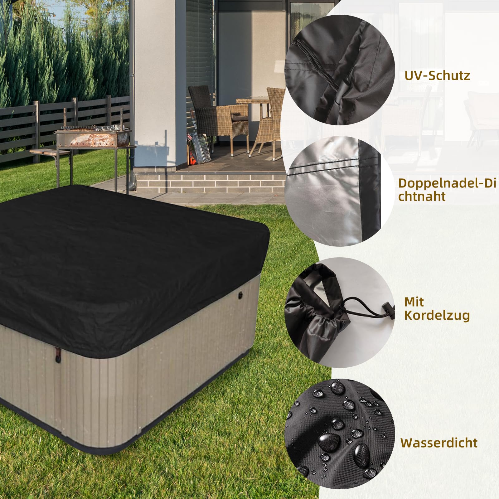 ACESOME Cubierta para jacuzzi, cubierta de piscina, 231 x 231 x 30 cm, cuadrada, para todas las condiciones climáticas, para jardín, jacuzzi, tela Oxford 210D, lona de piscina protección contra el