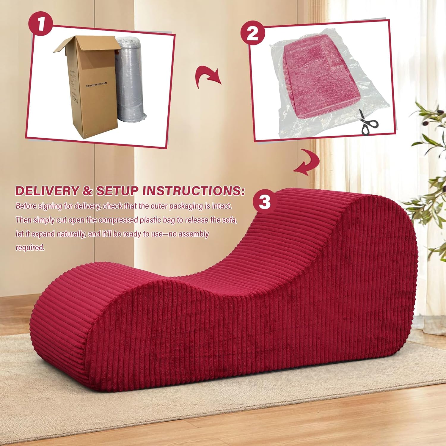 Oasishine Boneless Oversized High-Density Sponge Soft Sofa Corduroy Chaise Lounge Chair Couch Indoor, Red
