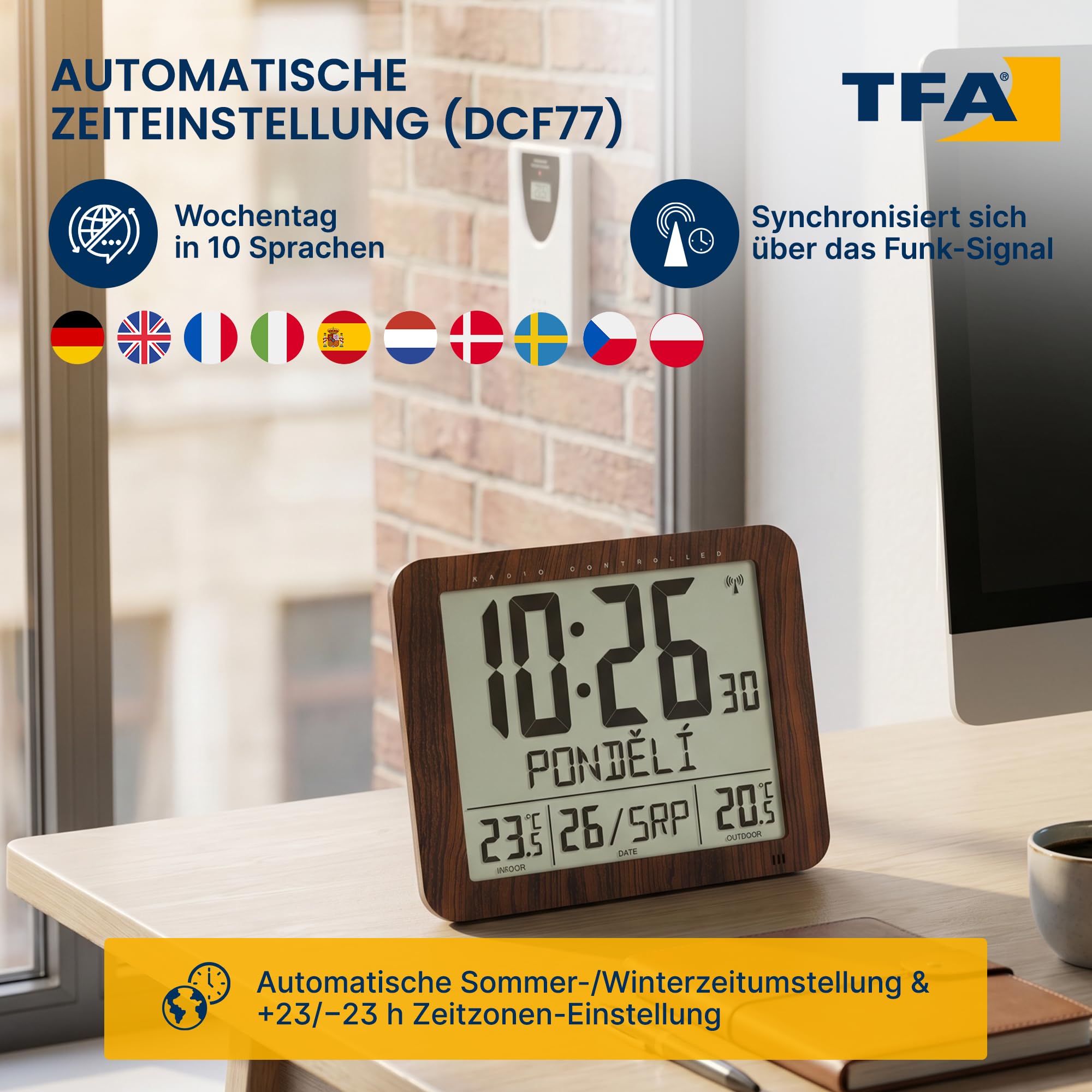 TFA Dostmann Digitale Wanduhr mit Holz Optik, 60.4518.08, inkl Funkuhr mit Außensender, Innen- und Aussentemperatur, gut ablesbar, mit Datum und Wochentag, für Wohnzimmer oder Küche geeignet, braun