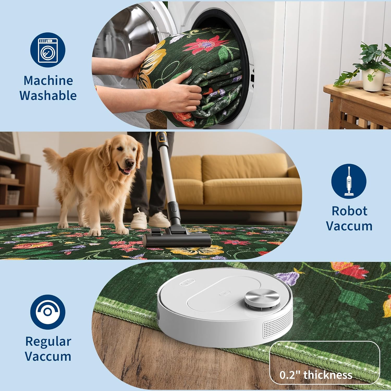 GarveeHome Floral Rug 2.5x10 Runners for Hallways, Boho Kitchen Runner Rugs Non Slip Bath Runners, Vintage Washable Runner Rug for Bedroom, Soft Long Rugs for Entryway Bathroom Laundry Dorm, Green