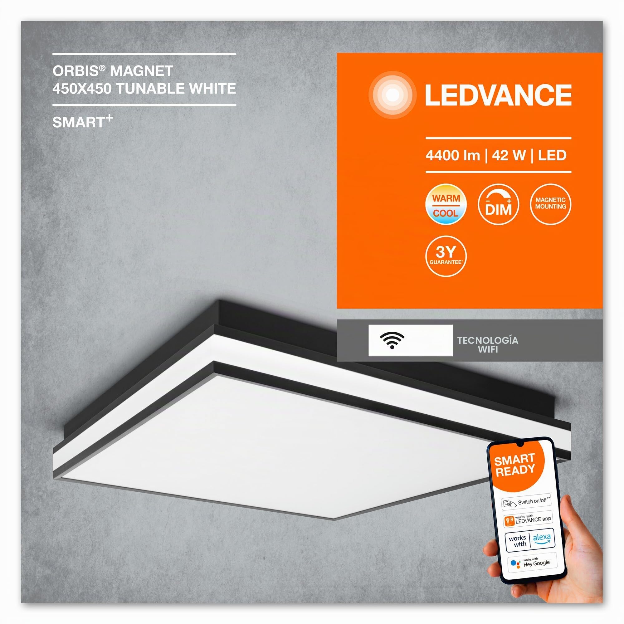 LEDVANCE ORBIS MAGNET SMART+ Wi-Fi 45x45cm, lámpara de techo LED regulable para interiores, 42W, temperatura de color 3000-6500K, 4200 lúmenes, lámpara de diseño con marco magnético, negro | , LED Lamp, Negro, 0 mm dia, 30000 h, Paquete de 1
