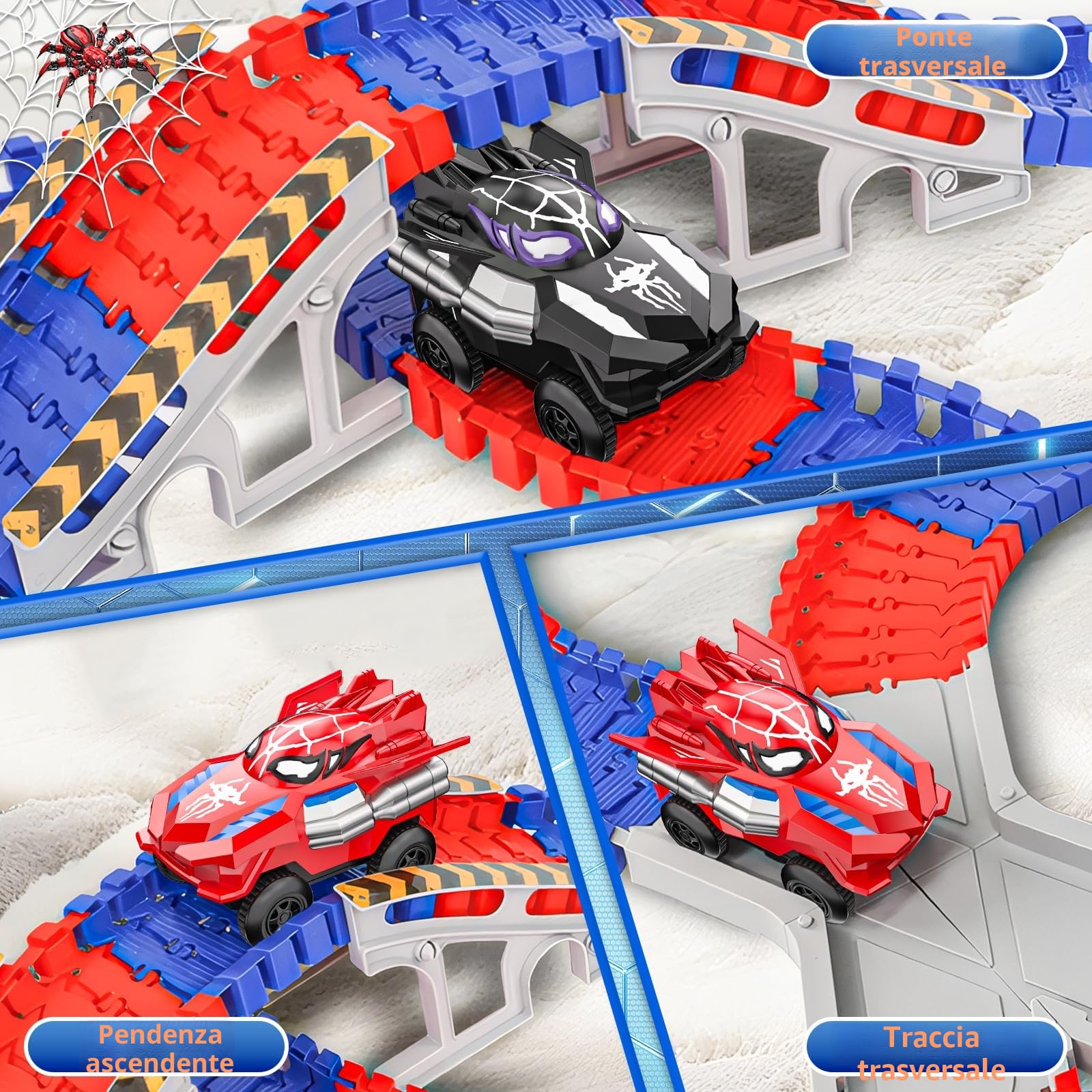 Kssvzz Spider Pista Macchinine 2 3 4 5 6 Anni Bambino, Flessibile Giocattolo Pista Auto Elettriche, Regalo Compleanno Natale Giochi per Bambini 2-8 Anni (212 Pezzi)