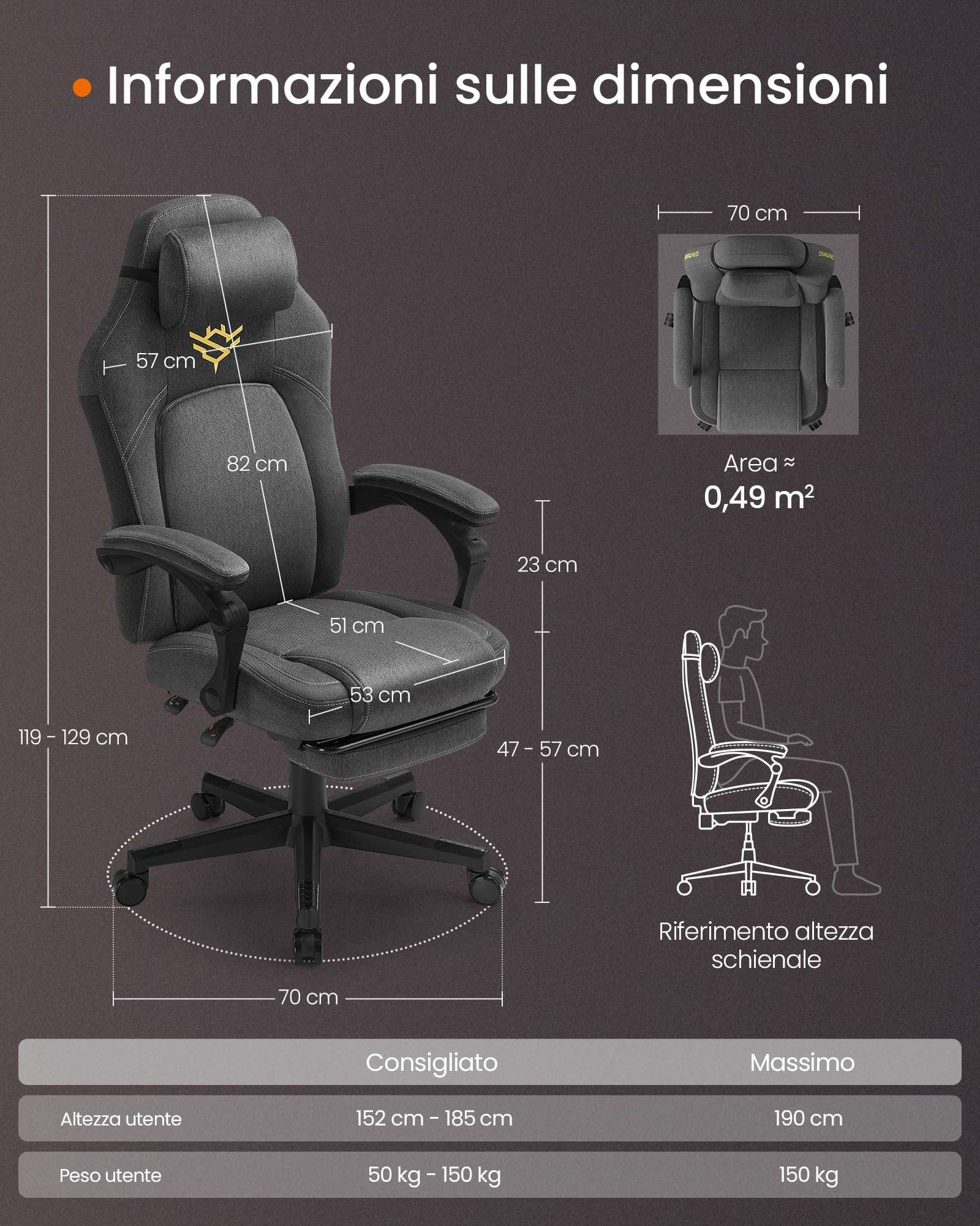 SONGMICS HOME Sedia da Gaming Ergonomica per Computer Con Poggiapiedi e Poggiatesta, Cotone-Lino, Altezza Regolabile, Grigio Tortora OBG072G01