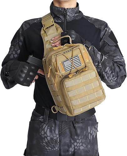 Miniatura 7 de ATBP Mochila táctica para hombre, bolsa militar de una correa para el hombro, bolsa cruzada con funda de 10 litros, Marrón Bronceado Caqui, Mochilas
