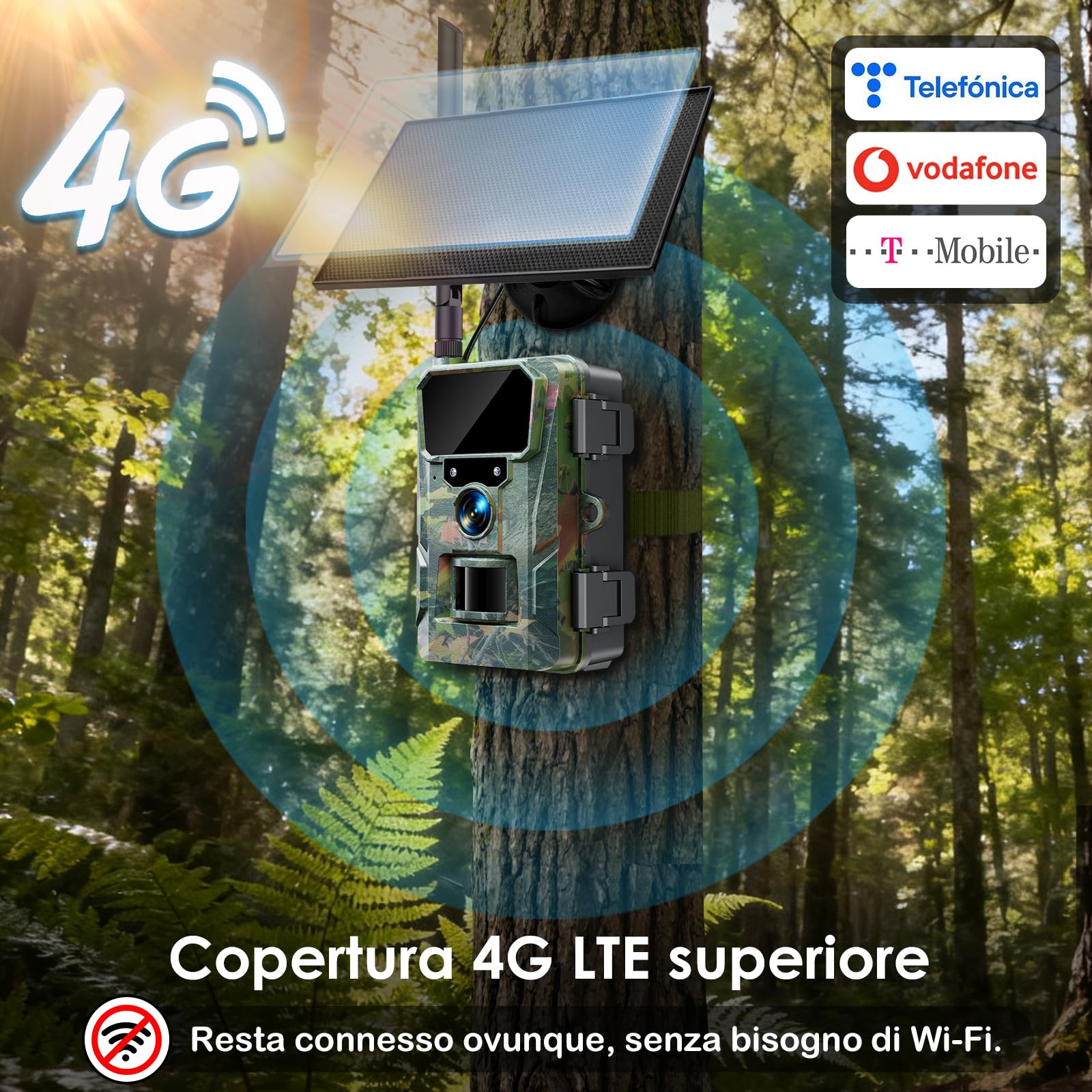 WOLFANG Fototrappola 4G con SIM e 64GB SD, 2K 48MP HD Fotocamera Solare Caccia con Batteria da 5200 mAh, Infrarossi Rilevatore di Movimento Visione Notturna IP66 Impermeabile