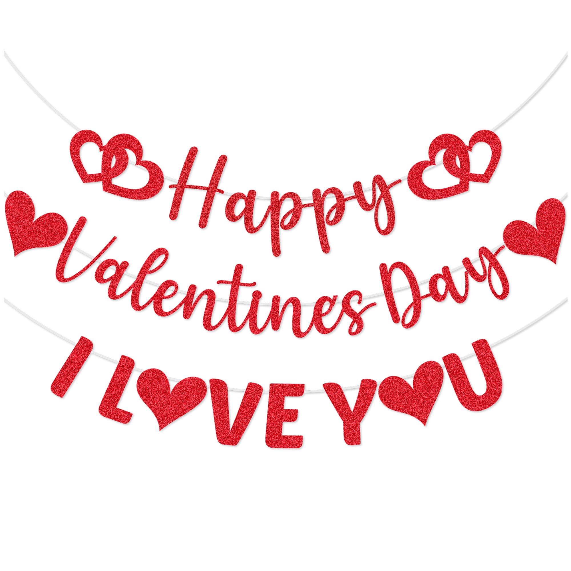 Valentines Decorations Happy Valentines Day Banner Bunting I Love You Banner Valentine Day Sign Decorations for Wife Husband Girlfriend Boyfriend Red Glitter Heart Shaped Garland banner