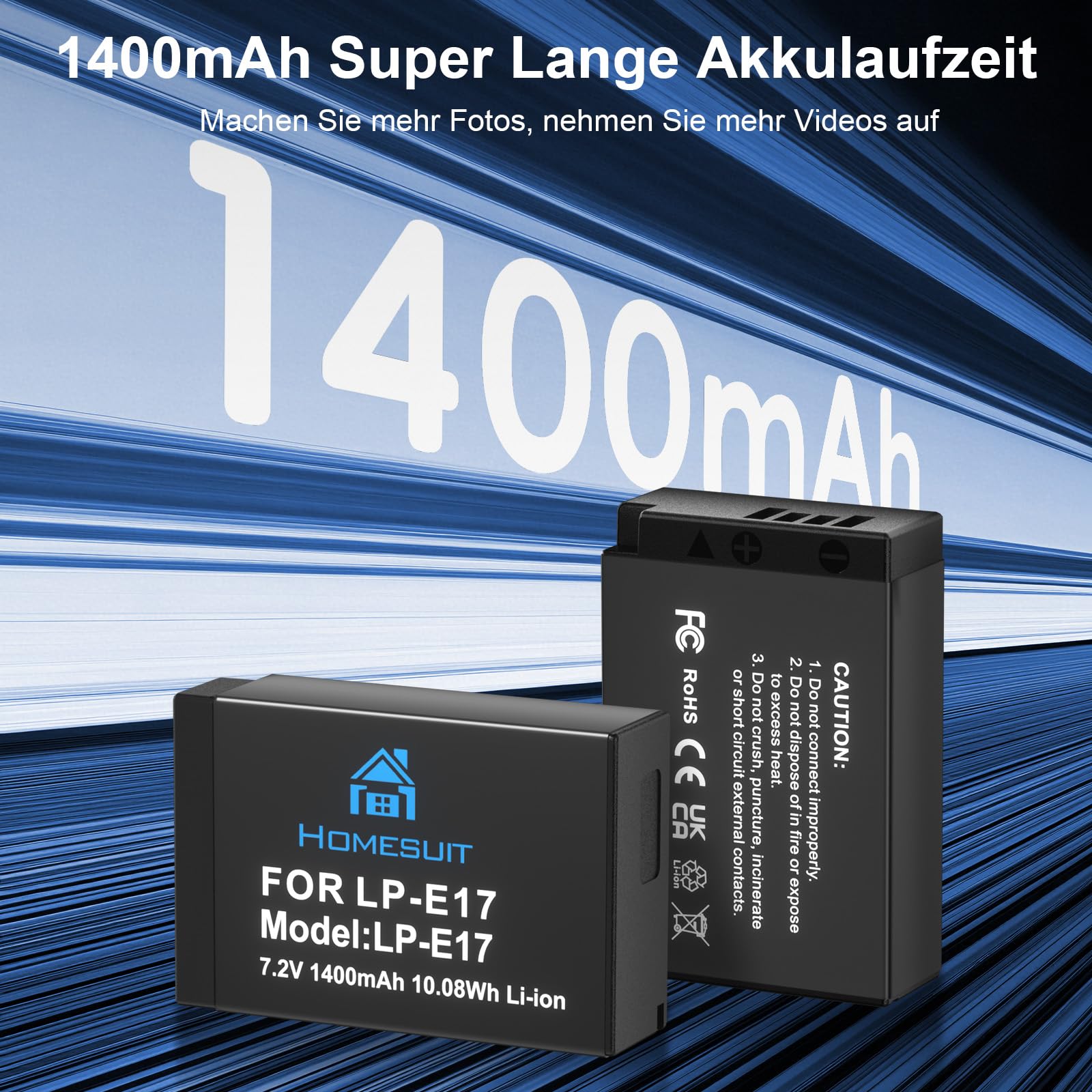 Homesuit LP-E17 Akku 1400mAh & Dual USB LCD Ladegerät Kit für Canon EOS R10, RP, Rebel SL3, SL2, T8i, T7i, T6i, T6s, EOS M3, M5, M6, EOS 200D, 77D, 750D, 760D, 800D, 8000D Kamera (2er-Pack)