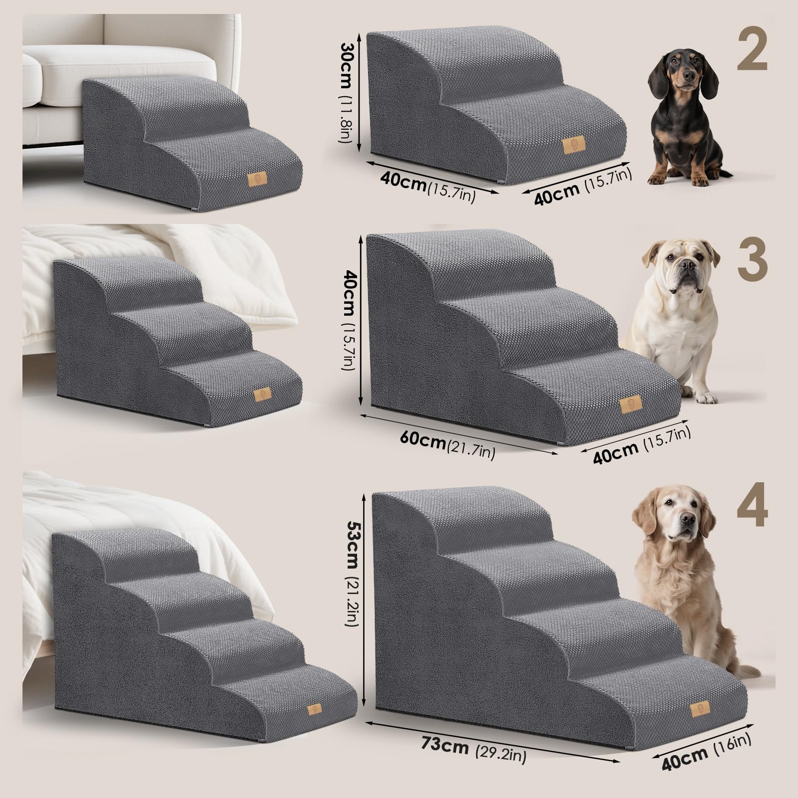 Scale per Cani, Rampa per Cani 4 Gradini, Scalette Cane in Schiuma ad Alta Densità, Antiscivolo per Cane Feriti, Animali Domestici più Anziani, Gatti di Piccola Taglia, Grigio, 73.7x40.6x50.8 cm