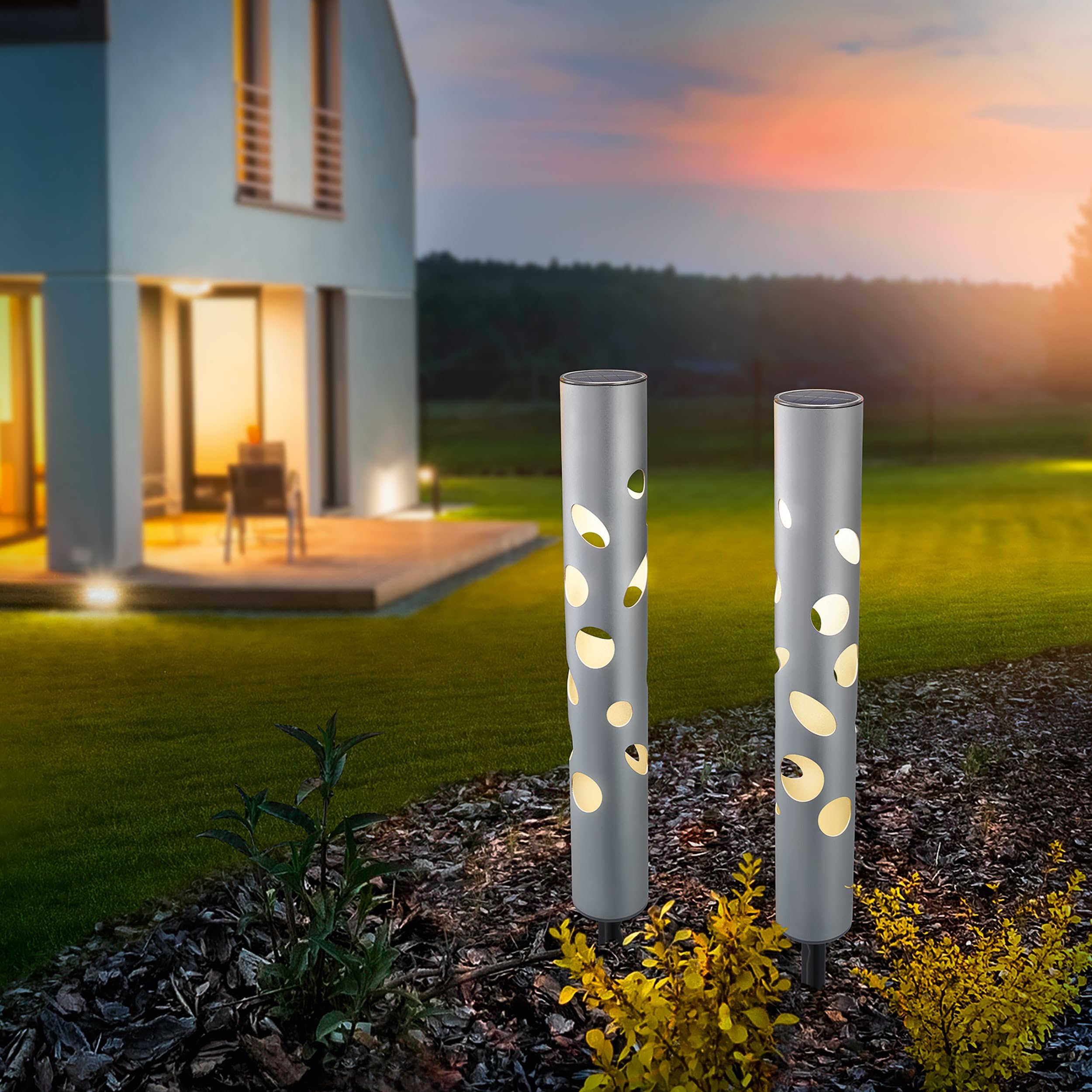 Esotec Solar Gartenstecker Gartenfackel FantasyLight 2er Set Alu 102132