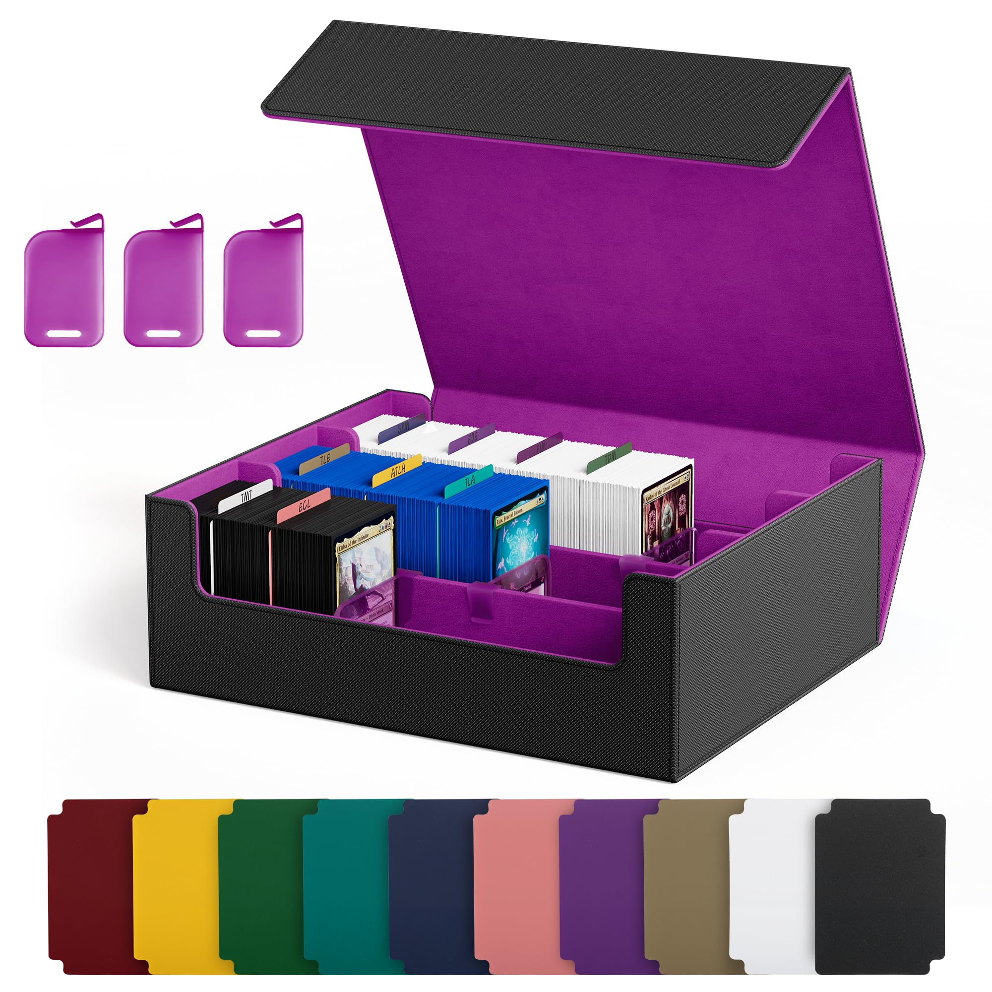 UAONO Trading Card Storage Box, Holds 1800 Sleeved Cards with 10 Dividers & 3 Stoppers, Magnetic Closure PU Leather Card Case for MTG, PTCG, YGO, Sports Cards (Black&Purple)