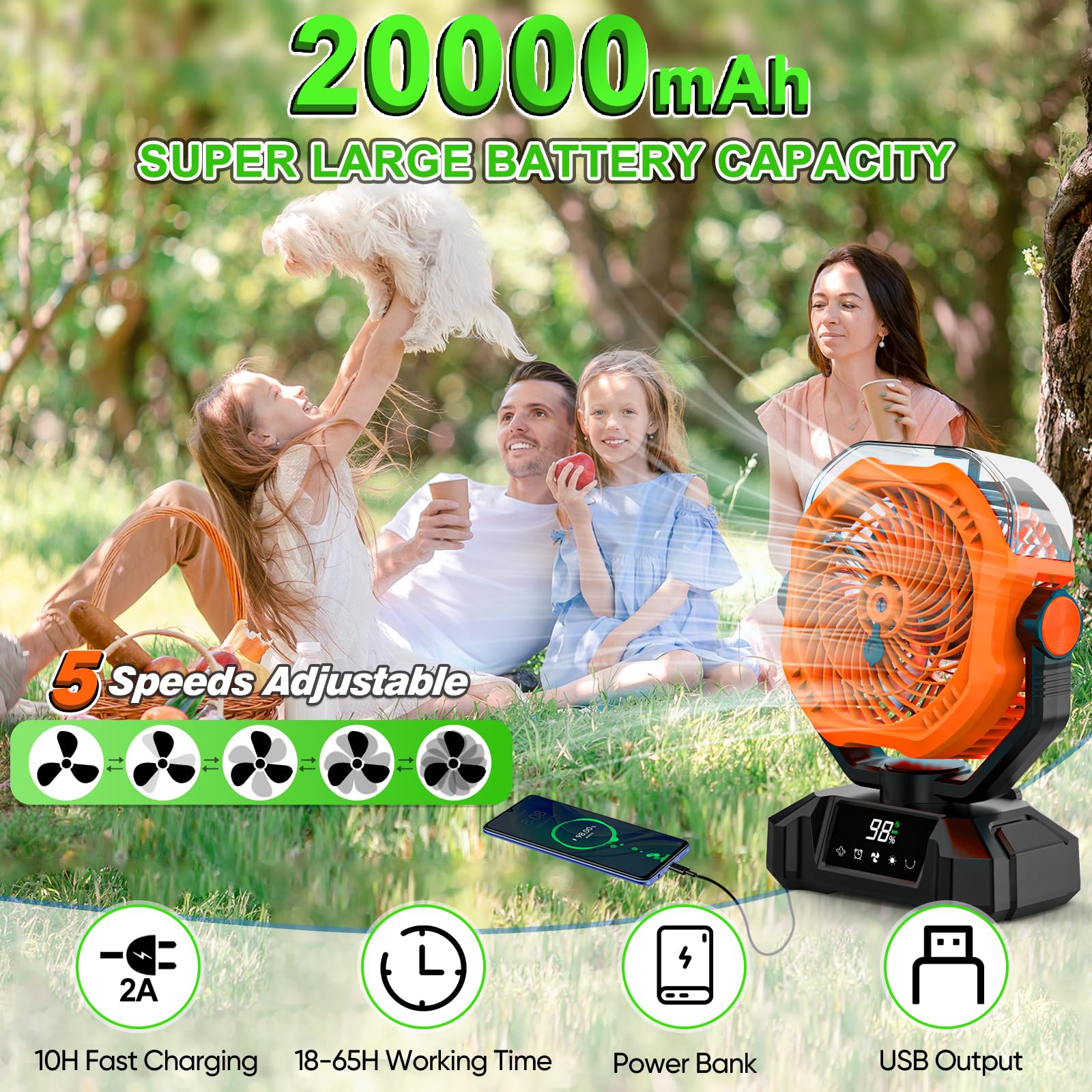 Camping Ventilador con Nebulizador,20000 mAh Recargable Vibración Automática Ventiladors para Tienda de Campaña al Aire Libre con Remoto,Ventilador de Escritorio USB de 5 Velocidades para Pesca,Picnic