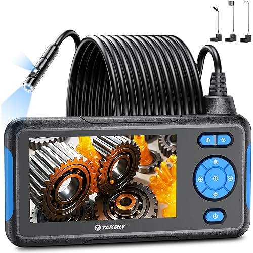 T TAKMLY Endoscope Camera with Light, Dual Lens 1080P Industrial Borescope with 8 LED Lights, 4.3'' Inspection Snake Cameras, 16.4FT Semi-Rigid Cable, IP67 Waterproof (Blue)