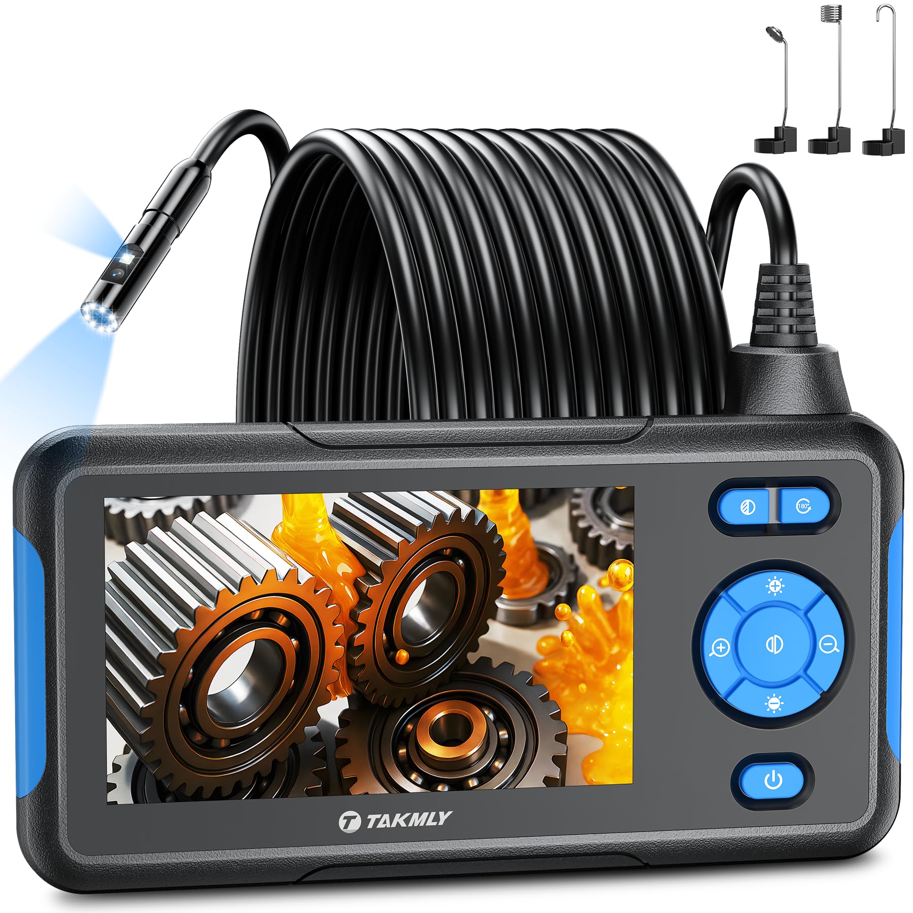 T TAKMLY Endoscope Camera with Light, Dual Lens 1080P Industrial Borescope with 8 LED Lights, 4.3'' Inspection Snake Cameras, 16.4FT Semi-Rigid Cable, IP67 Waterproof (Blue)