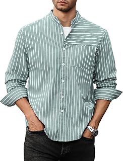 ZAFUL Men's Striped Cuban Guayabera Shirt Long Sleeve Banded Collar Button-Down Casual with Pocket Summer Tops