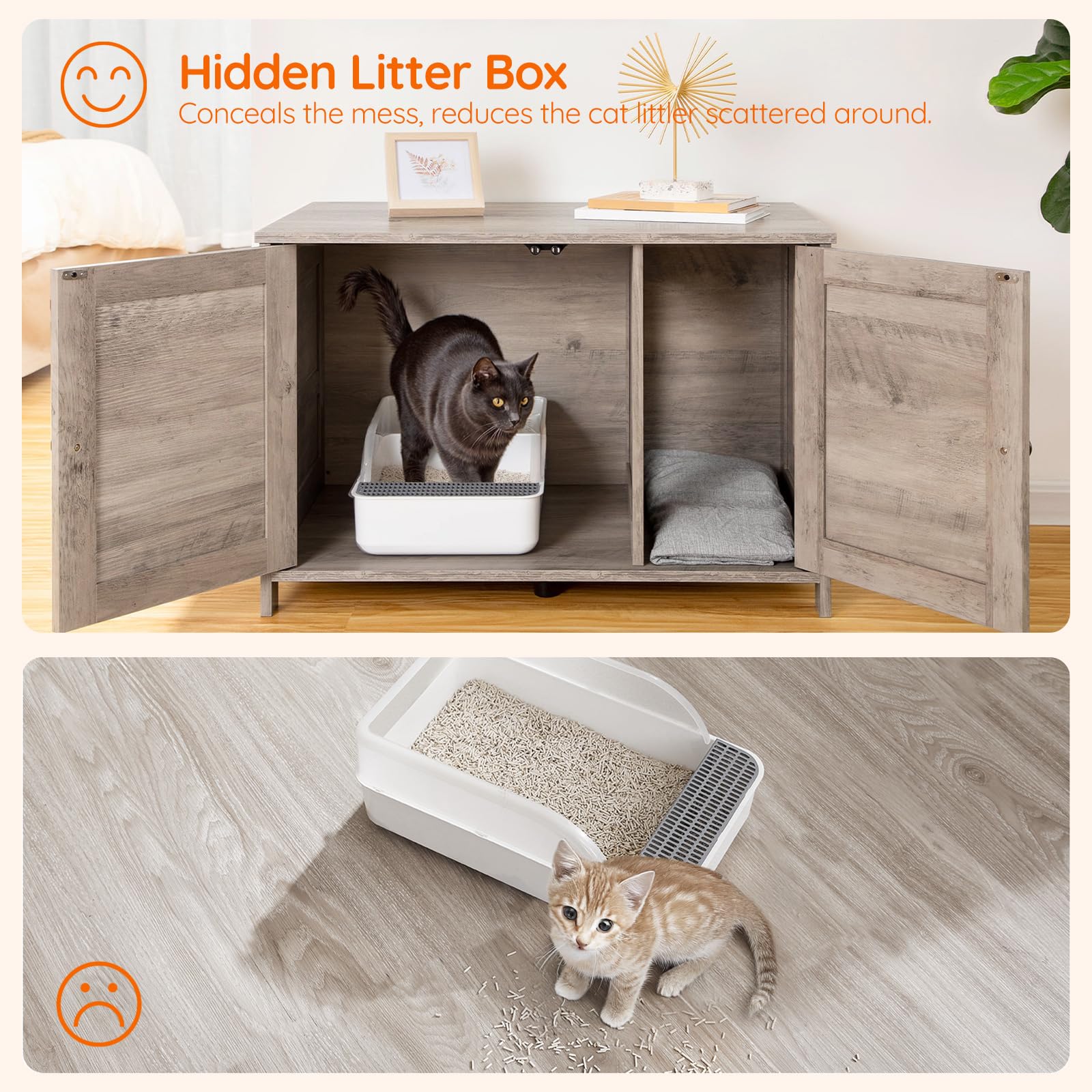 HOOBRO Litter Box Enclosure, Cat Litter Box Furniture with Removable Divider, Large Hidden Litter Box Furniture, Wooden Cat House, End Side Table, 31" L x 17.5" W x 19.7" H, Greige BG03MW01G2 - image 7