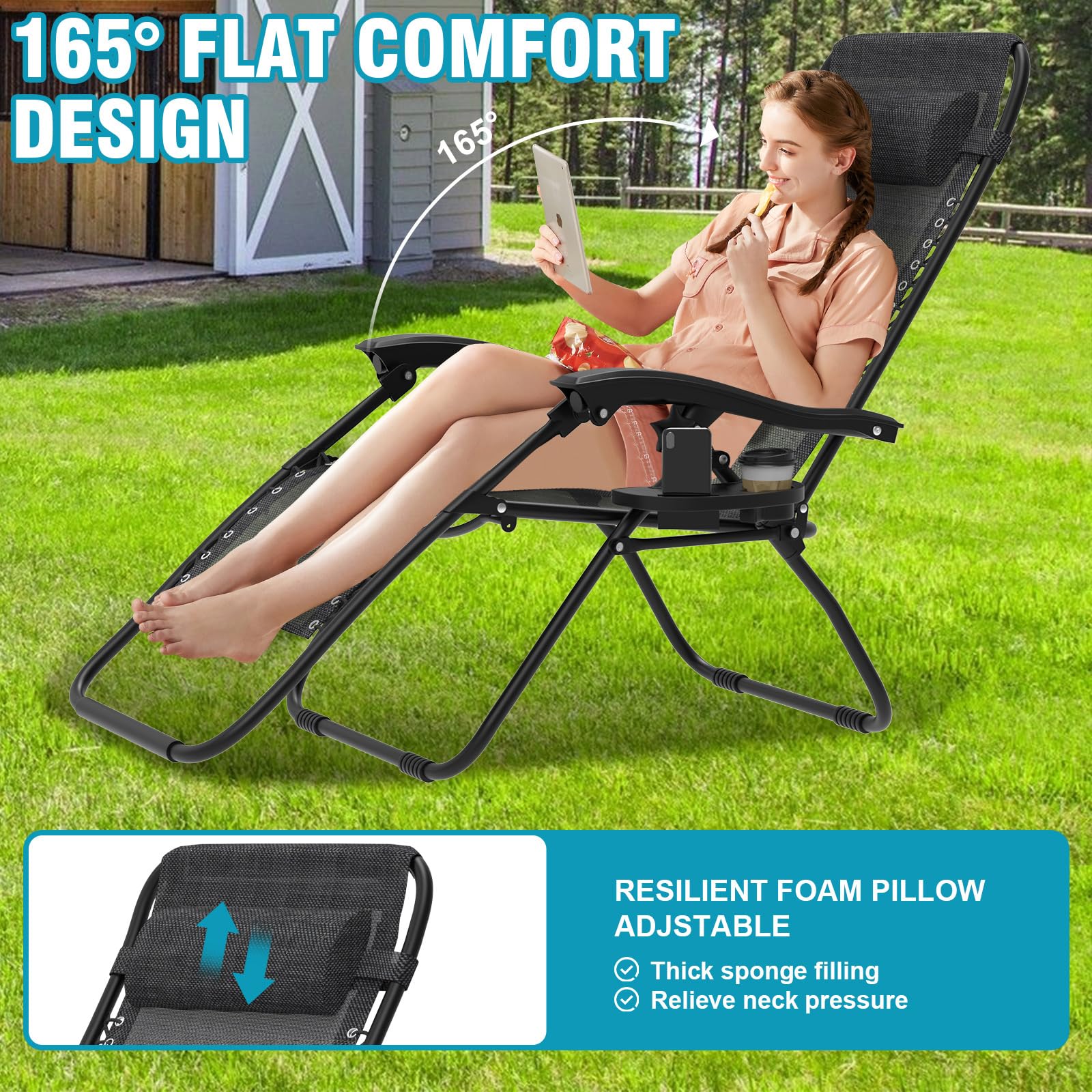Chaise Longue Pliante，Bain de Soleil，Fauteuil Relax Jardin avec Repose-Tête et Porte-Gobelet,Inclinables，Transat de Plage，Chaise de Camping，Transat de Relaxation pour Patio Jardin Plage，Noir