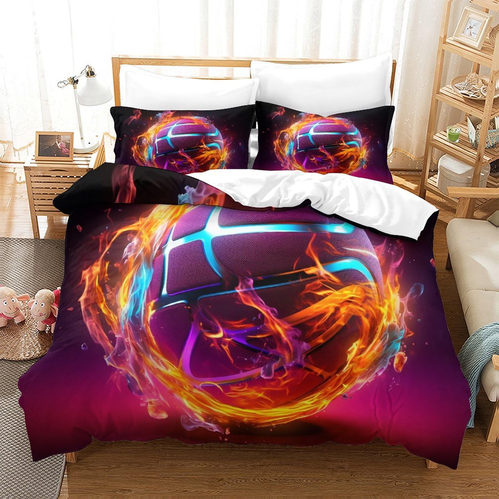 HONGBING Basketball Quilt Cover Duvet Cover 3D Printed Sports Comforter Covers for Boys Girls Bedding Set Soft Microfiber with Zipper Closure with Pillow Cases 3 Pieces Single（140x200cm）