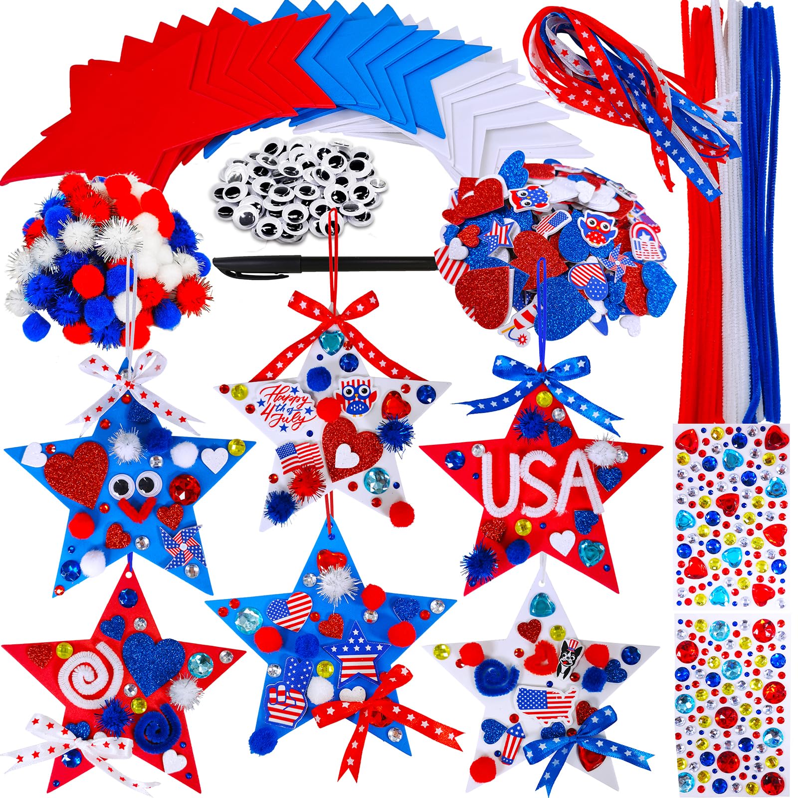 Winlyn 18 Sets 4th of July Craft Kits Patriotic Kids Crafts DIY Patriotic Star Ornaments Decorations Art Sets Red White Blue Star Foam Shapes Patriotic Foam Stickers for Classroom Party Activities