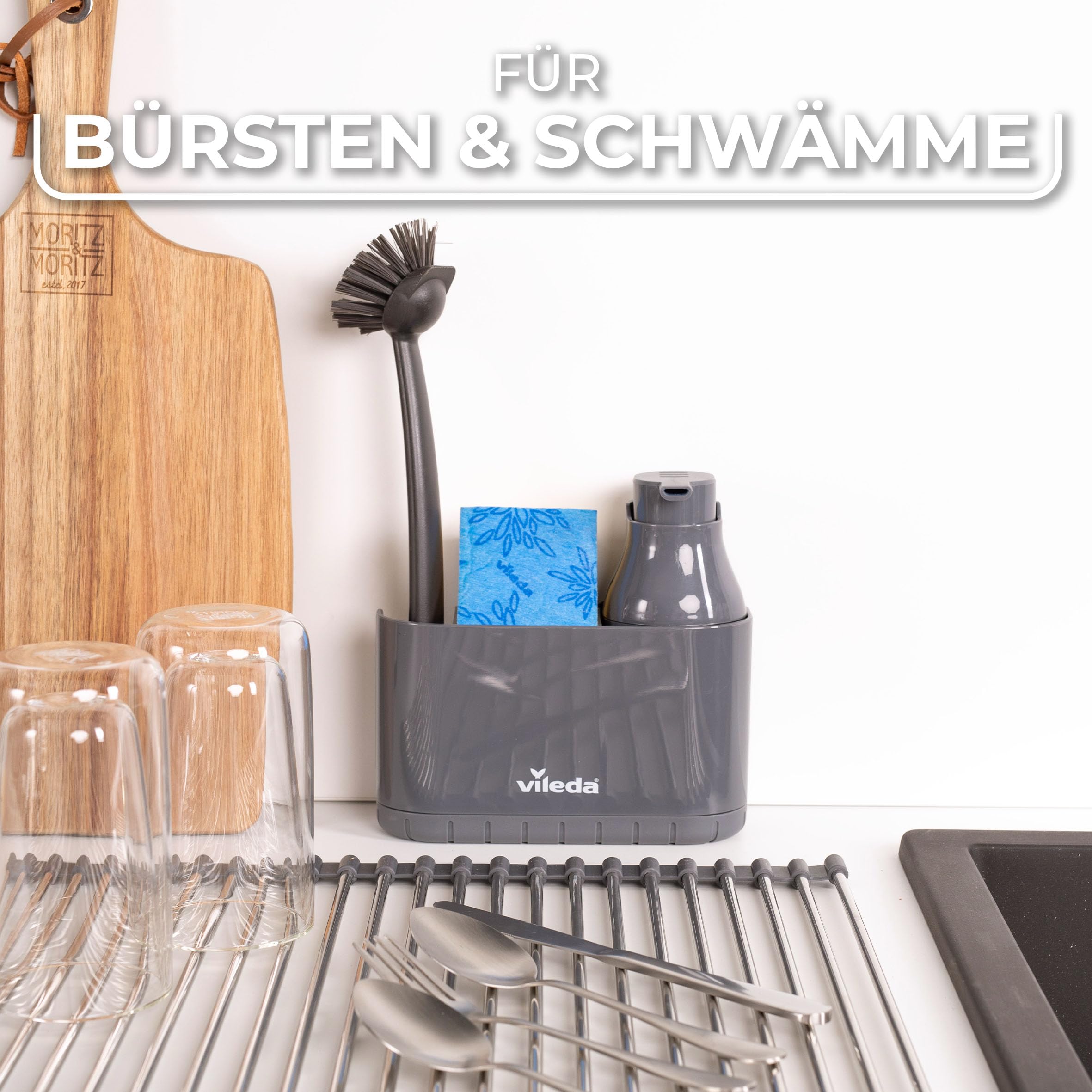 vileda Spülbecken Organizer mit Spülmittelspender Kunststoff - frei stehender Schwammhalter Küche - Spülorganizer mit Seifenspender für Schwämme & Bürsten - Langlebig & Rostfrei