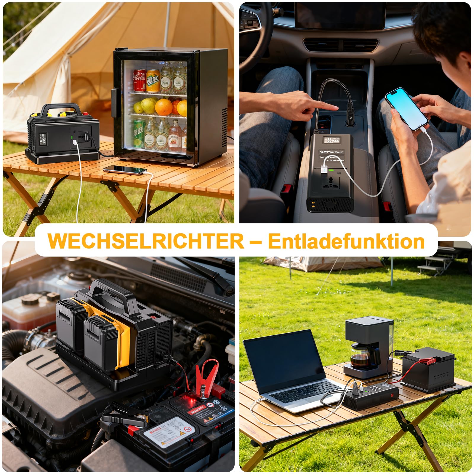 2-in-1 Wechselrichter Ladegerät für DeWalt 18V Akku, 500W Spannungswandler, 2-Port DC 18V Auf AC 230V Reiner Sinus Wechselrichter, Stromwandler für Camping, Wohnmobil(Batterie Nicht Enthalten)