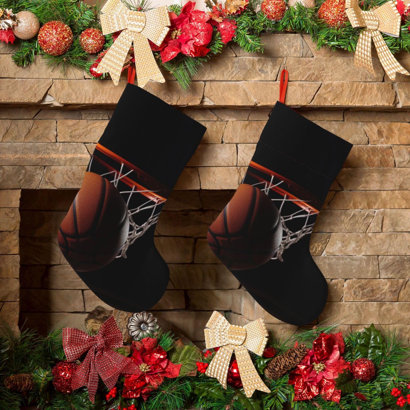 KLOPH Christmas Stockings 18" Personalized Xmas Stocking Basketball Decoration Stocking Hanging Fireplace Stocking for Holiday Xmas Tree Christmas Fireplace Decor