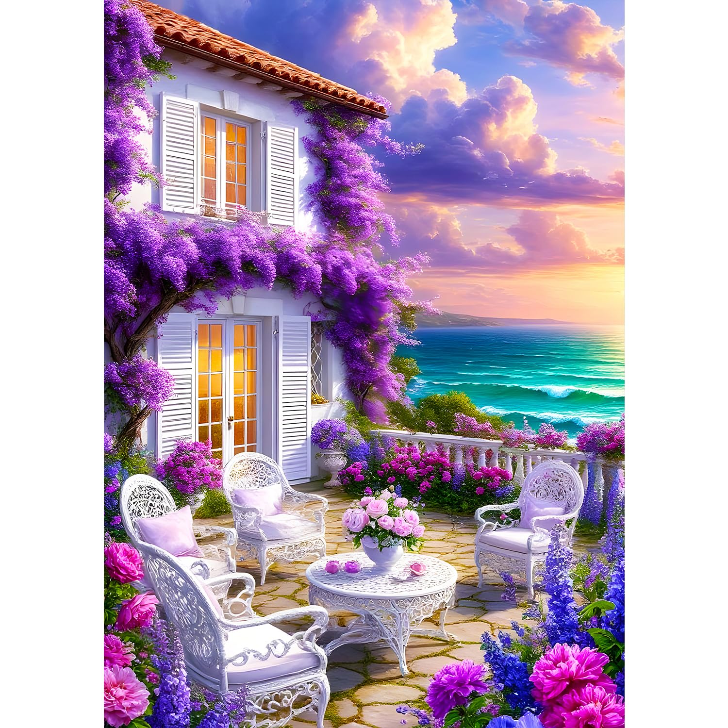 QINRUBB DIY Courtyard on the Coast Diamond Painting Pictures Beginners, 5D Garden Diamond Painting Adults, Round Full Drill Colourful Flowers Diamond Art Kits Cross Stitch Home Wall Decor 30 x 40 cm