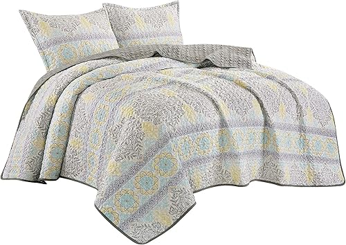 Jaba Juego de edredón de 3 piezas con estampado fino tamaño King, colcha para todas las estaciones, colcha de Krystal con fundas de almohada (gris,