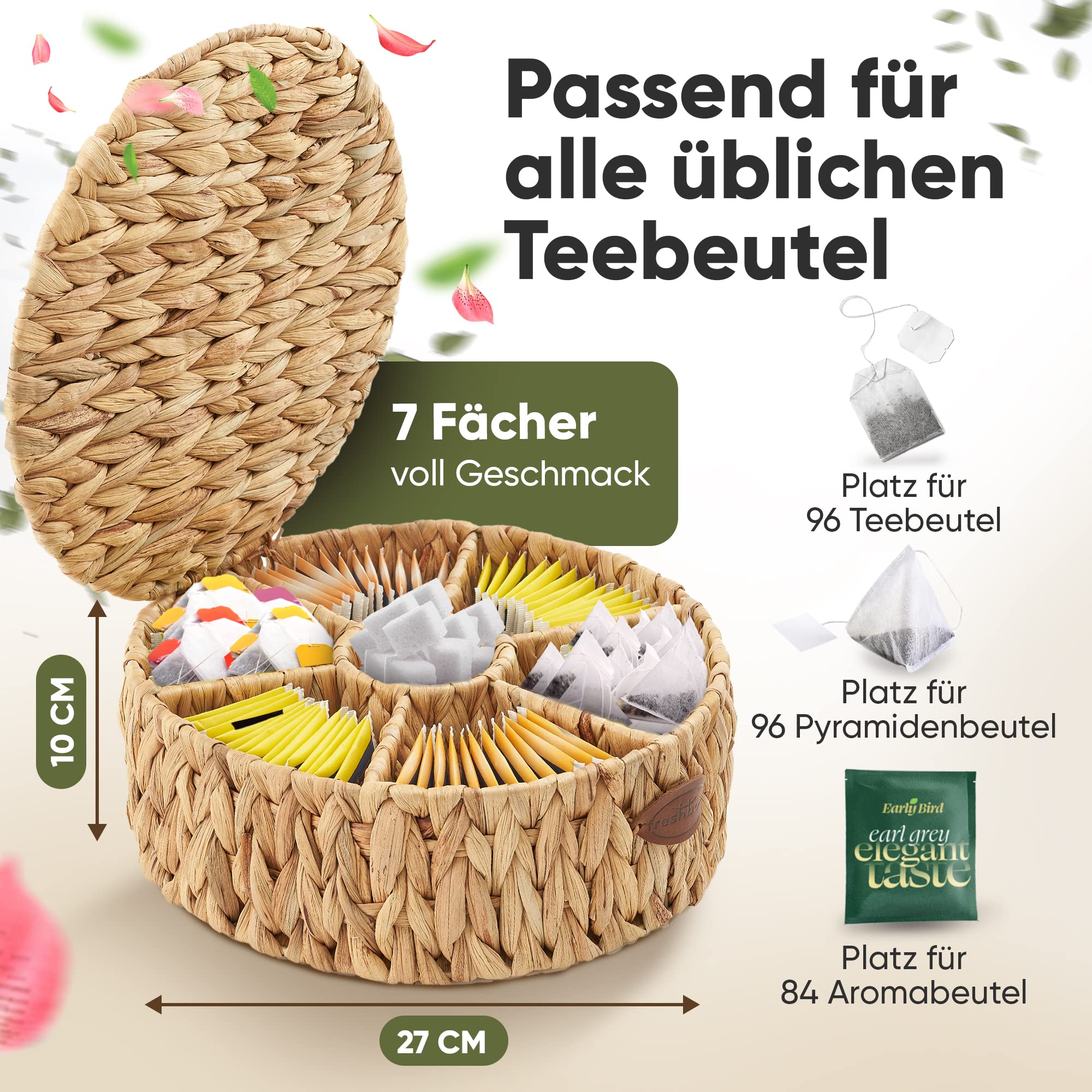 Caja de té para bolsas de té [compartimentos radiales extragrandes] caja de almacenamiento redonda para bolsas de té | organizador de té, caja de jacinto | elige tu modelo