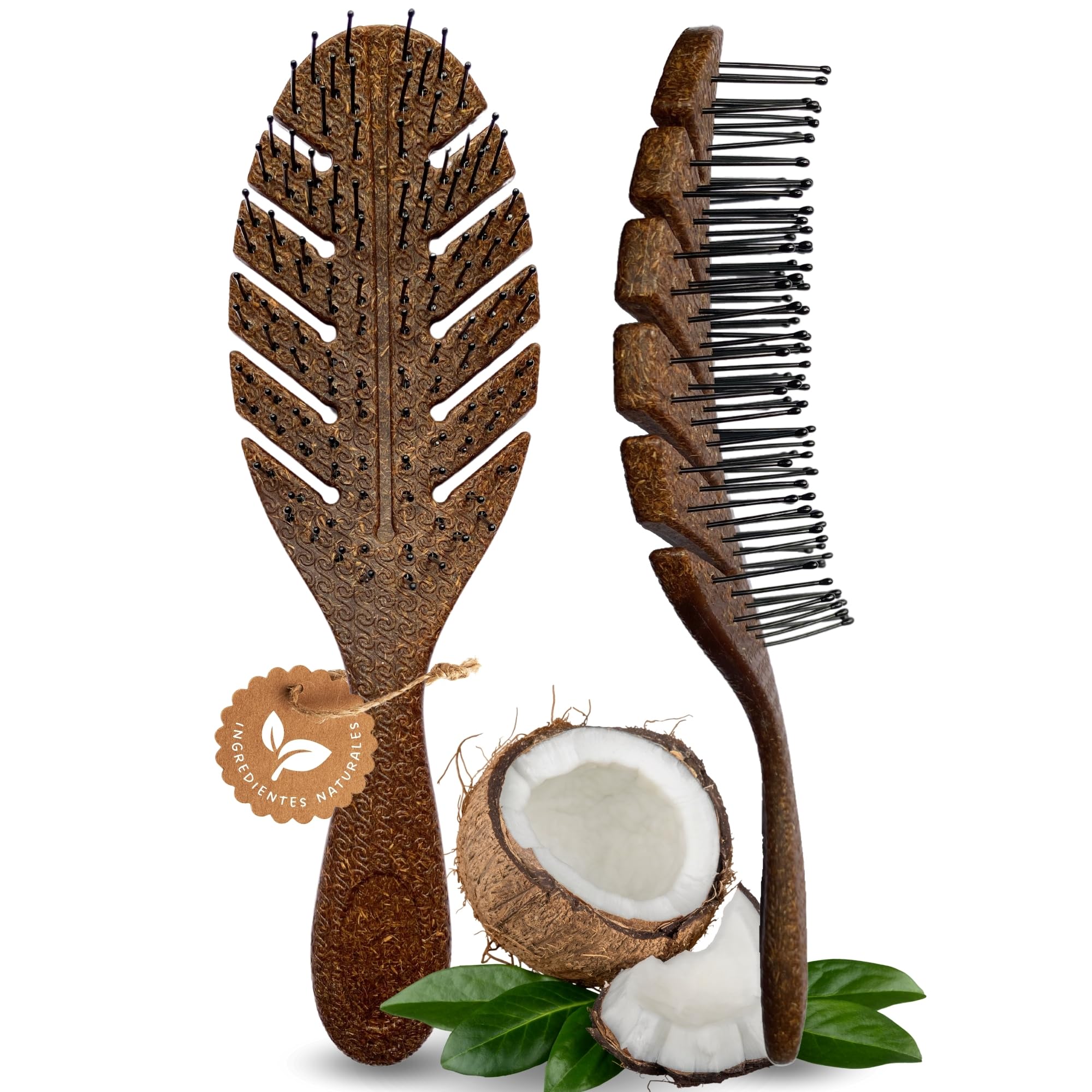 ETISEN, Cepillo de pelo antitirones, cepillo pelo rizado, hecho a base de Coco, peine antitirones, cepillo desenredante, antirrotura, peine hombre, mujer, niños. Cerdas naturales