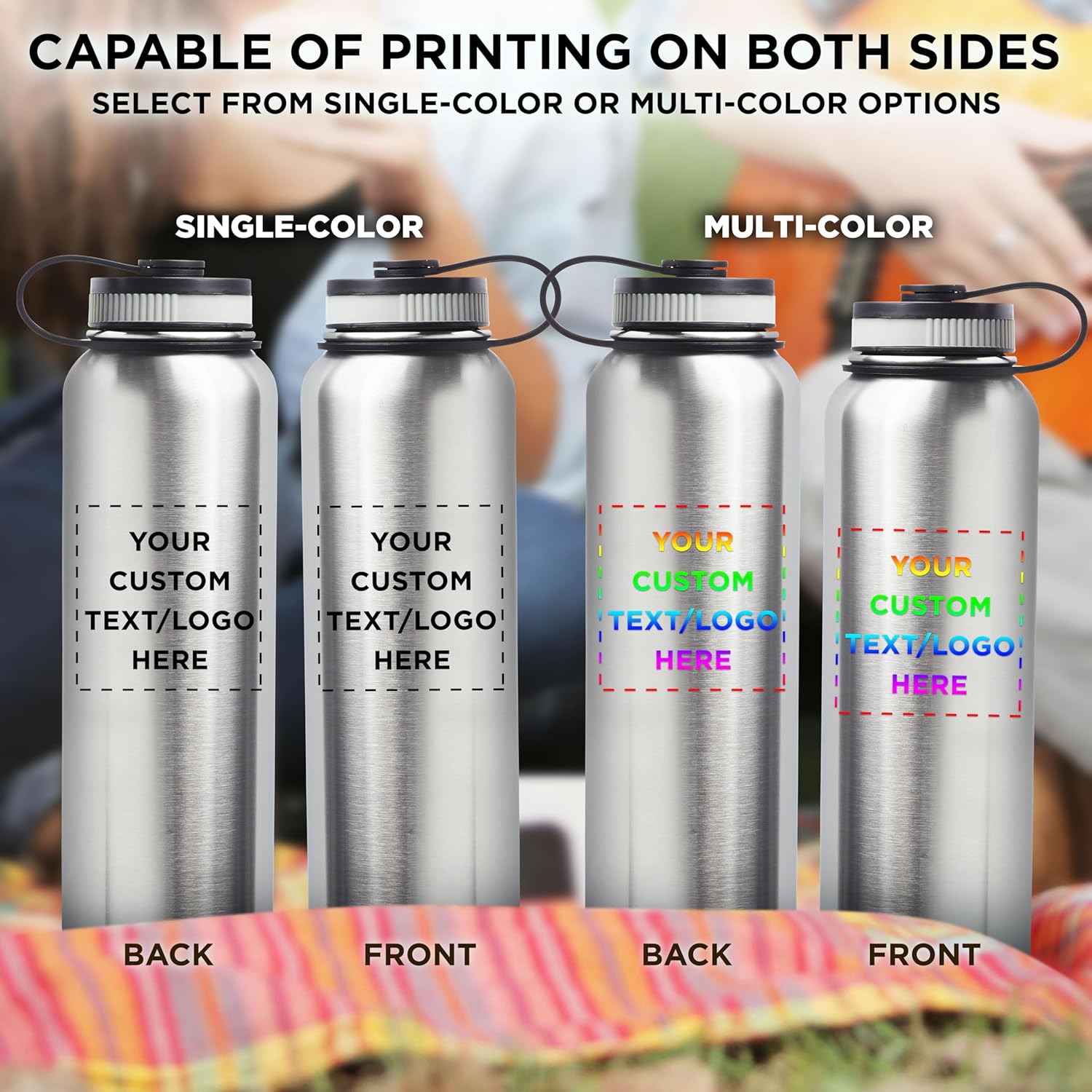 12 Stainless Steel Vacuum Water Bottles Set, 41 oz. - Customizable Text, Logo - Double wall - Silver