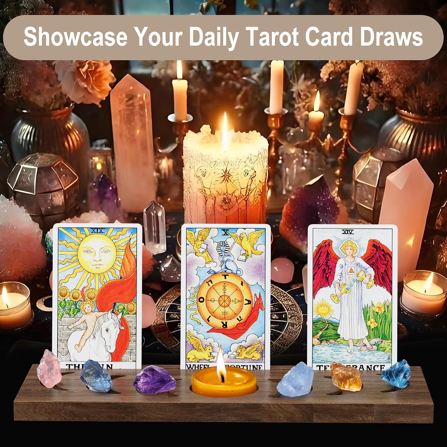Wooden Tarot Card Holder with Waxing Moon Phase (Black Acacia)