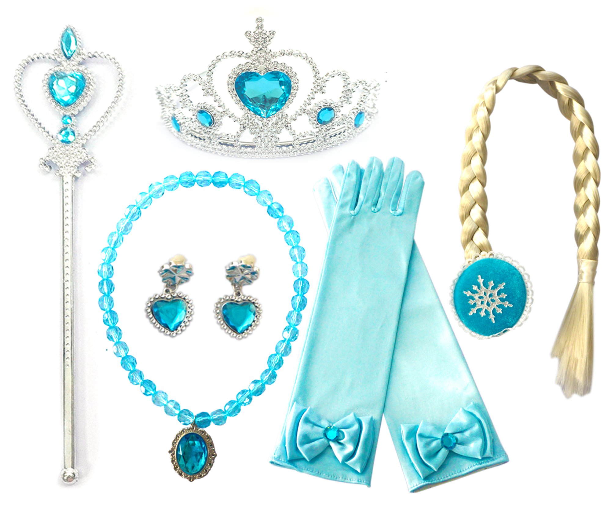 Kuzhi Frozen Princess Elsa Dress up Party Accessories 6 Pcs Set - Gloves, Tiara, Wand, Necklace, Wig & Earrings (Blue)