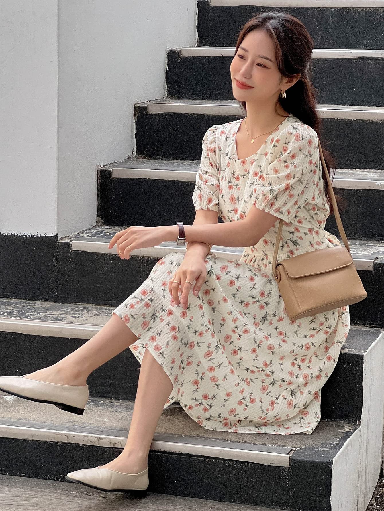 beige ditsy floral dress Beige 1970s Ditsy Floral Spaghetti Strap Fit Midi Dress