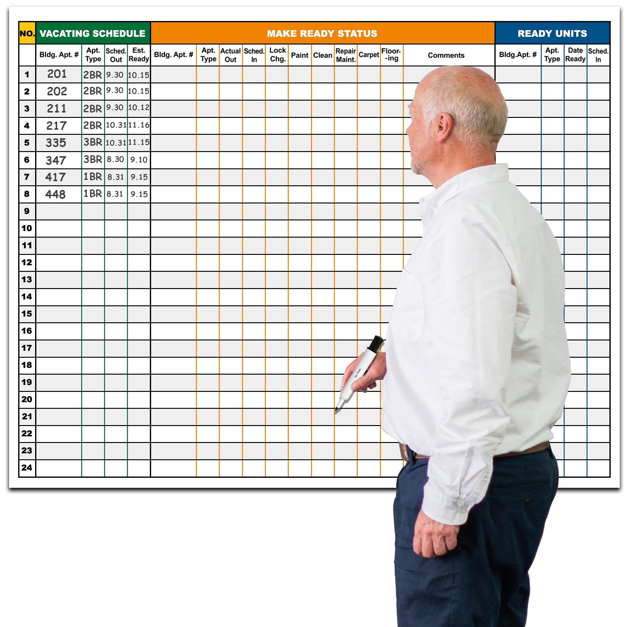 Extra Large Property Management Make Ready White Board,36X45 Inch Big Dry Erase Apartment Make Ready Checklist Schedule Board,Maintenance Status