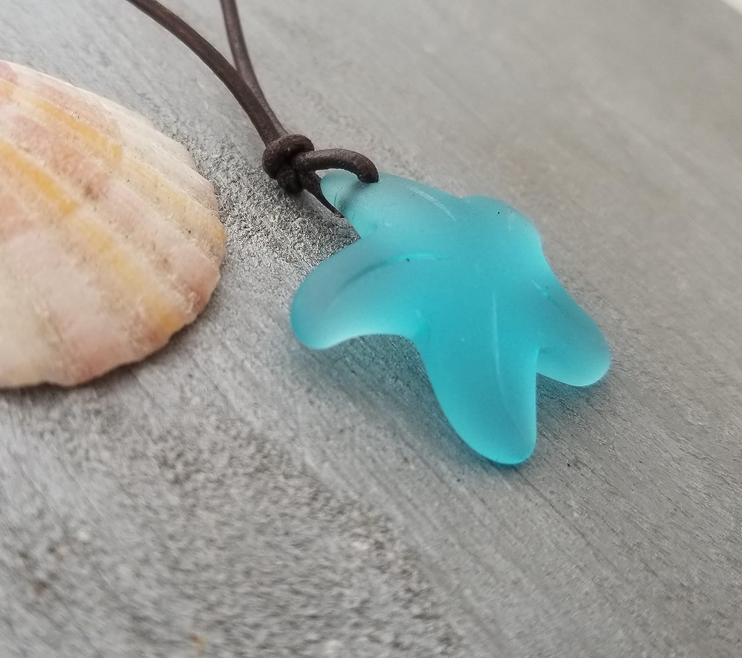 Yinahawaii Sea Glass Jewelry Handmade in Hawaii, Unisex Leather Cord Starfish Sea Glass Necklace, Gift for Him or Her, Adjustable Length - Image 6