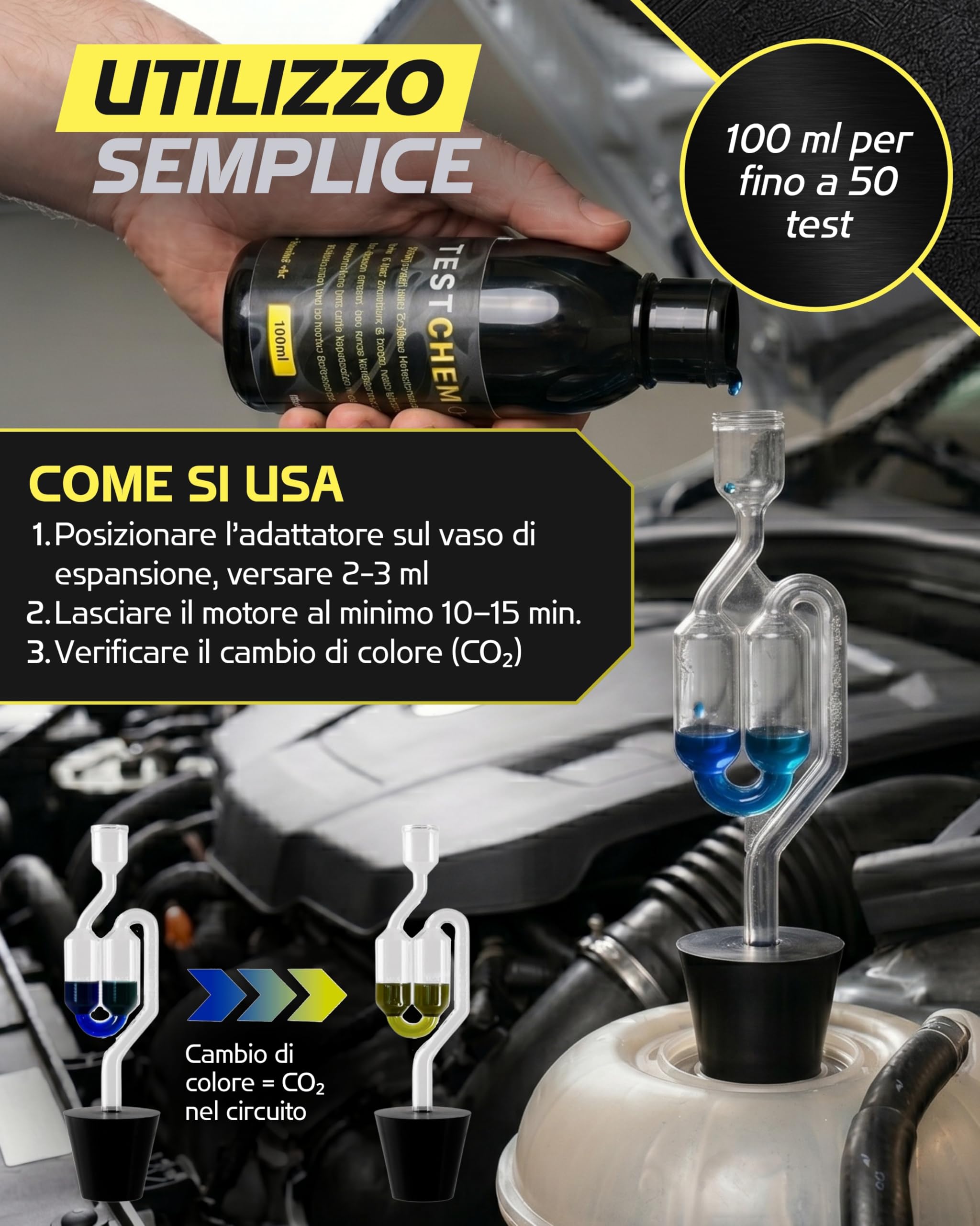 STEEL SEAL TESTCHEM Tester per guarnizione della testata CO2 acqua di raffreddamento 100 ml – Test dei gas di scarico sistema di raffreddamento auto – Kit di test per controllo guarnizione di testa