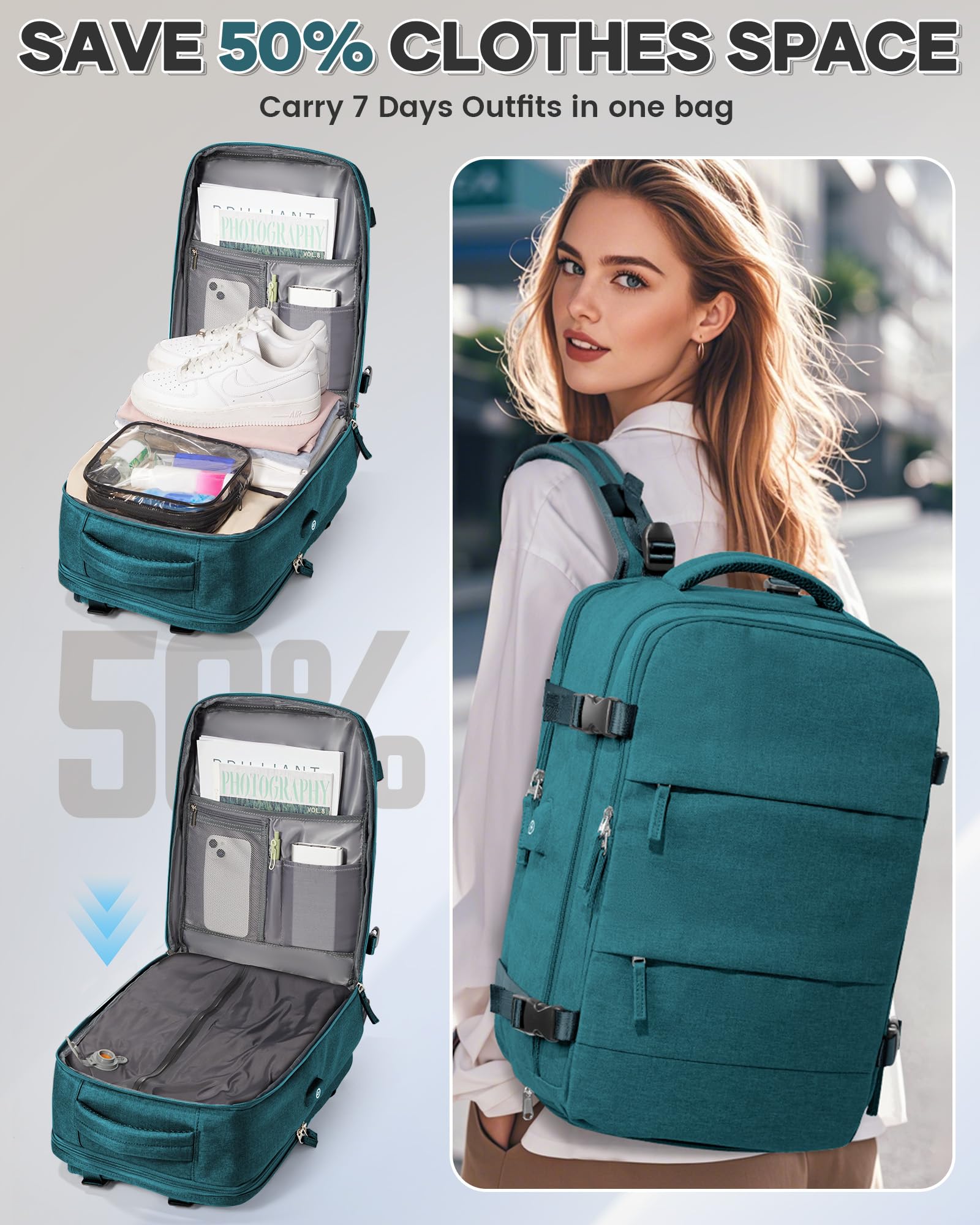 BJLFS Zaino da viaggio aereo Bagaglio a mano con Pompa per Sottovuoto Borse da Cabina per Ryanair 40x20x25 Airback con compressione sottovuoto,Zaino Casual per laptop da 14 pollici per Viaggi