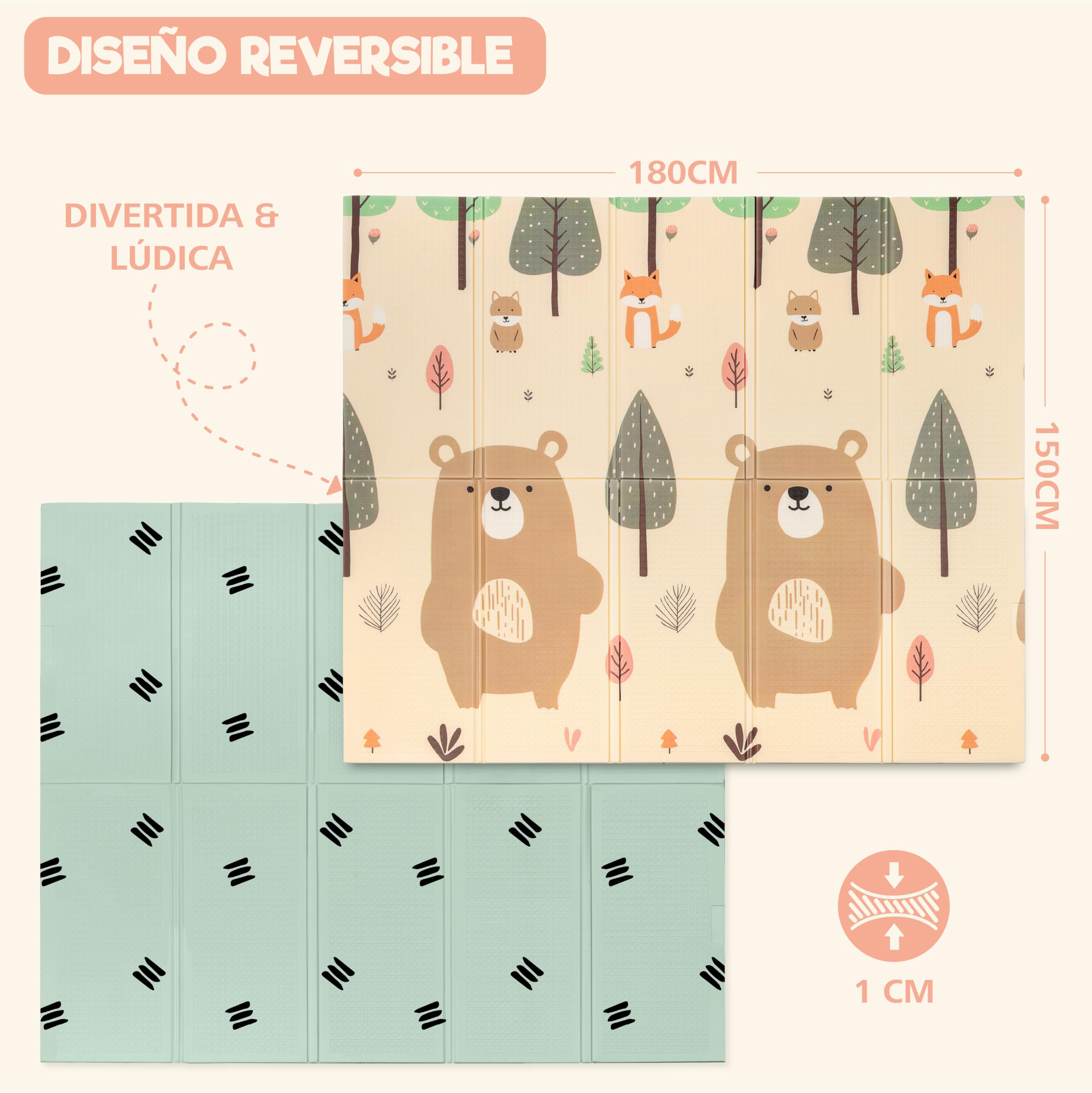 Alfombra Bebe Acolchada Plegable - Alfombra Bebe Sweety Fox 150x180x1cm - Alfombra Infantil Reversible, Plegable e Impermeable - Colchoneta Bebe Suelo para Jugar - Tapete Bebe - Oso