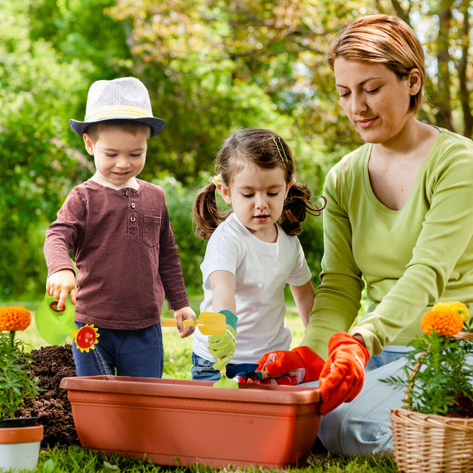 Biubee Kids Gardening Tools Set - Sturdy Watering Can Toy Set with Metal Shovel Hand Rake Kids Gloves, Toddler Gardening Kit Garden Toys for Outdoor Beach Sand Toy Gift