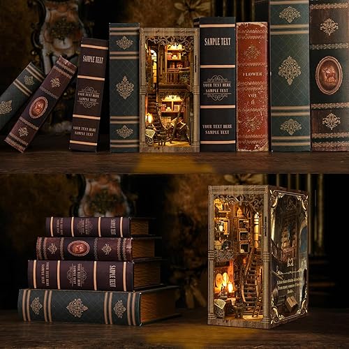 Miniatura 7 de Kit de rincón de libros para adultos, modelo en miniatura, kit de construcción de casa de muñecas, rompecabezas de madera 3D con sensor de luz LED