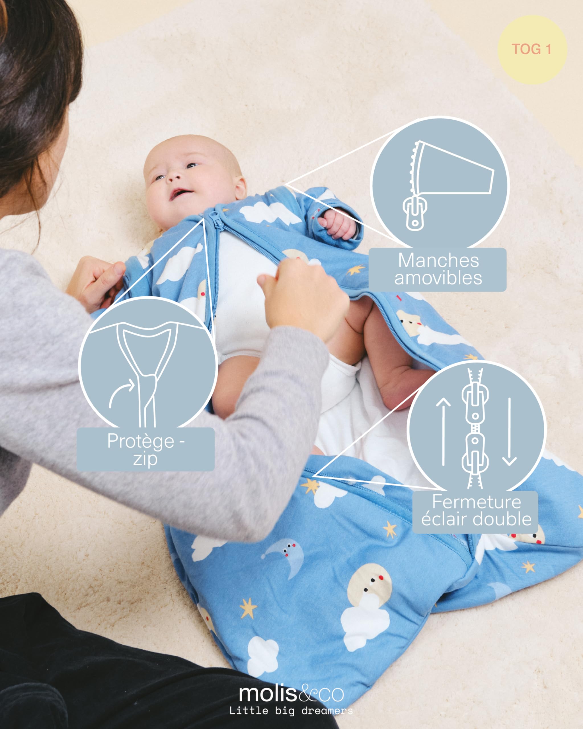 molis&co - Gigoteuse pour bébé avec Manches Amovibles - Gigoteuse Bébé Tog 1-100% Coton - Changement de Couche à accès à Zip Facile - Turbulette pour Bébé