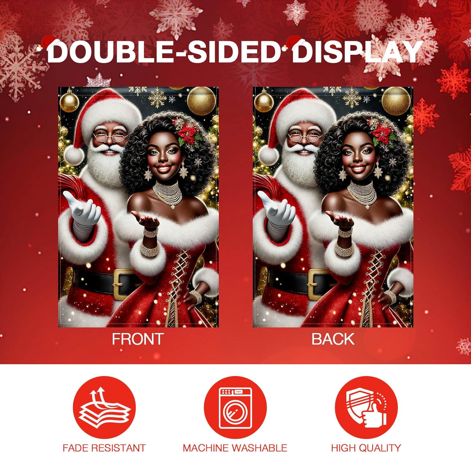 Black Santa and African American Mrs Claus Christmas Garden Flag 12x18 Inch Holiday Couple Yard Banner Double Sided Seasonal Outdoor Decoration for Lawn Porch Patio Front Yard - Image 5