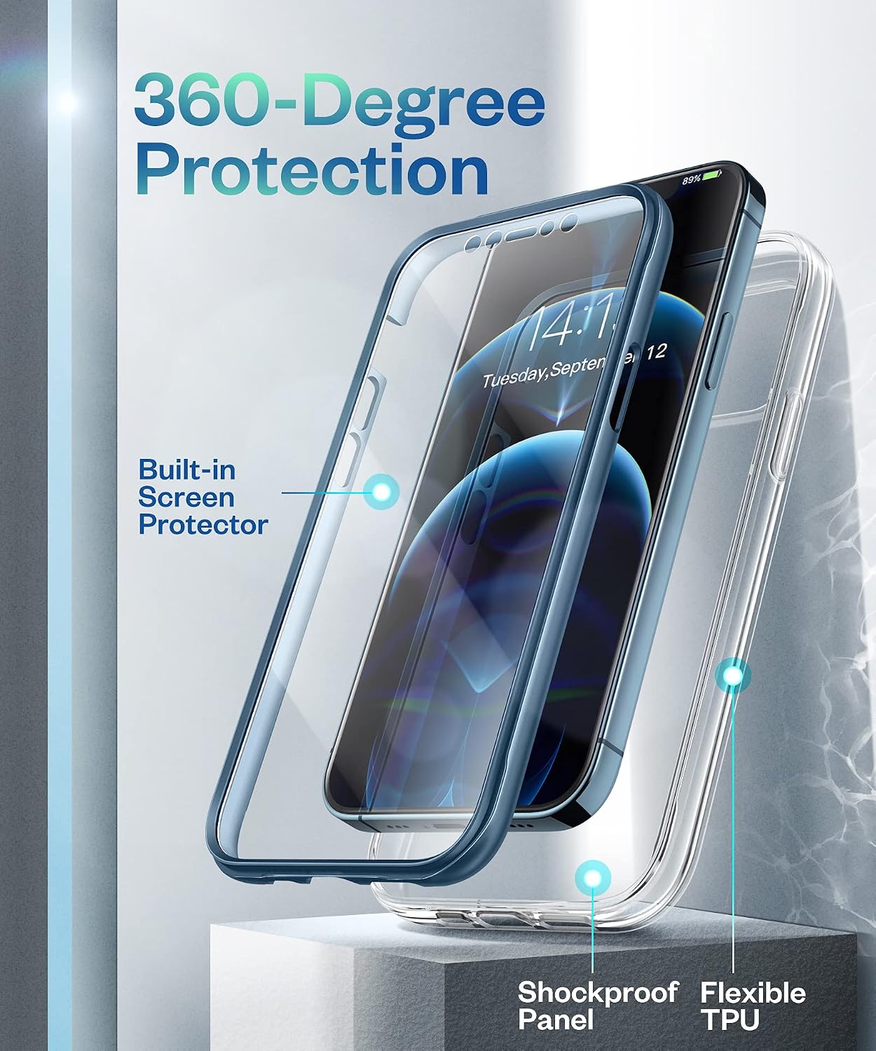 GVIEWIN Compatible with iPhone 12 Pro Max Case 6.7 inch 2020, [Built-in Screen Protector] Clear Full-Body Shockproof Protective Slim Phone Cover (Blue)