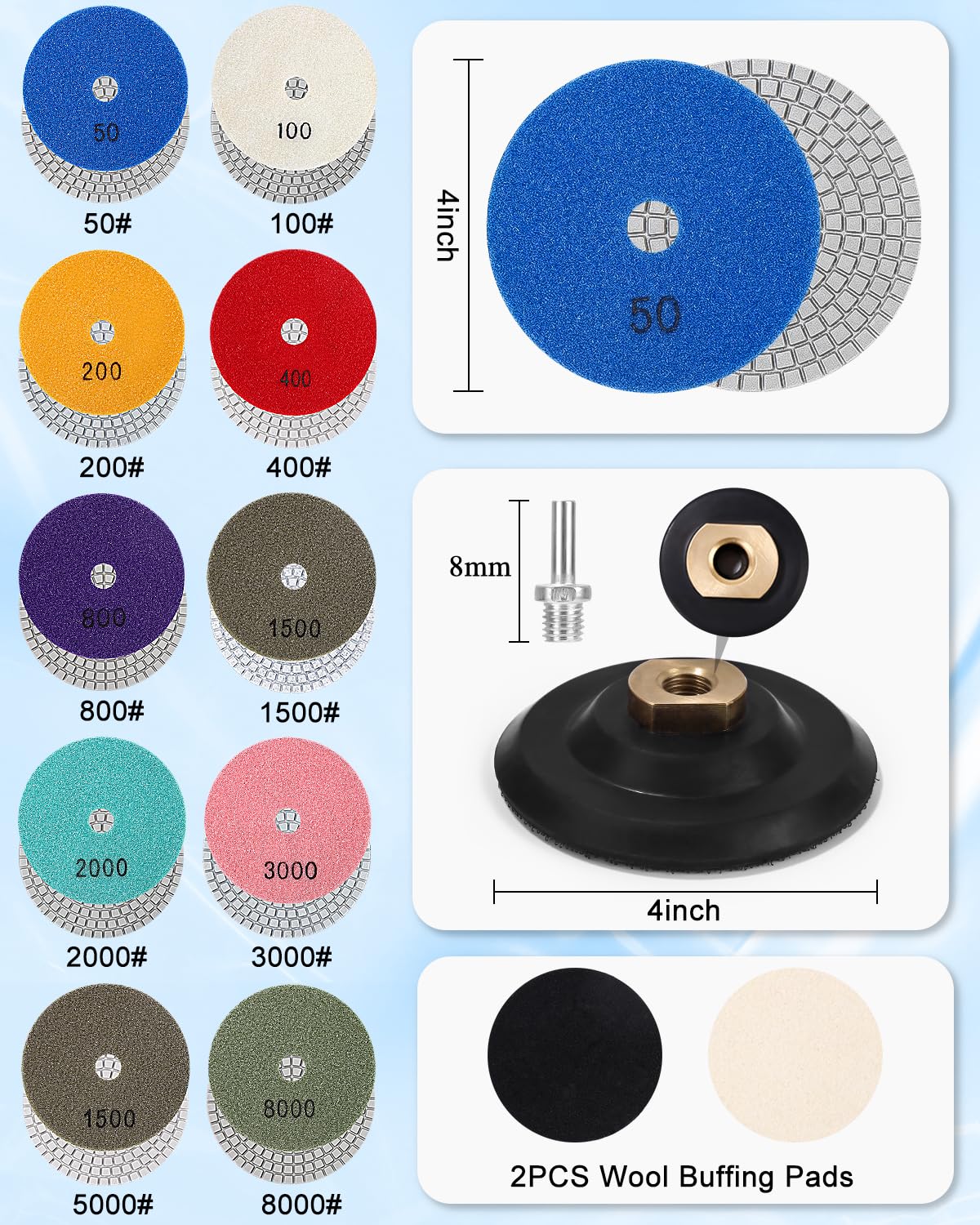 14 Pcs Disque de Polissage Diamant 4 pouces 100mm Diamant Polissage adaptés à une Machine à Polir M14 pour Granite Marble Béton Tampons de Polissage 50# - 8000#