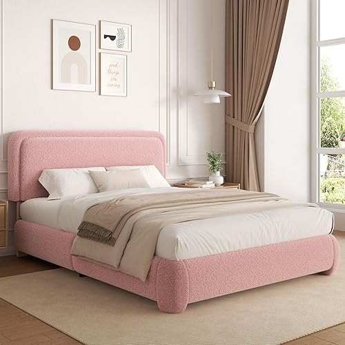 Miniatura 17 de Base de cama de tamaño Queen con plataforma de bouclé, base de cama tapizada tipo nube con cabecera ajustable, esquinas redondeadas anticolisión, no