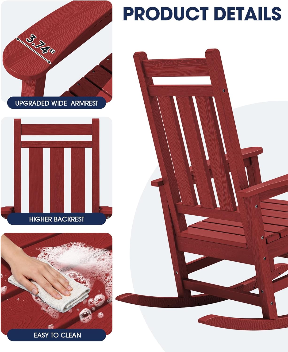 KINGYES Oversized Outdoor Rocking Chair Set of 2, All-Weather Patio Rocking Chairs for Porch, HDPE Outdoor Patio Rockers with High Back & Wide Seat for Garden, Lawn, Red
